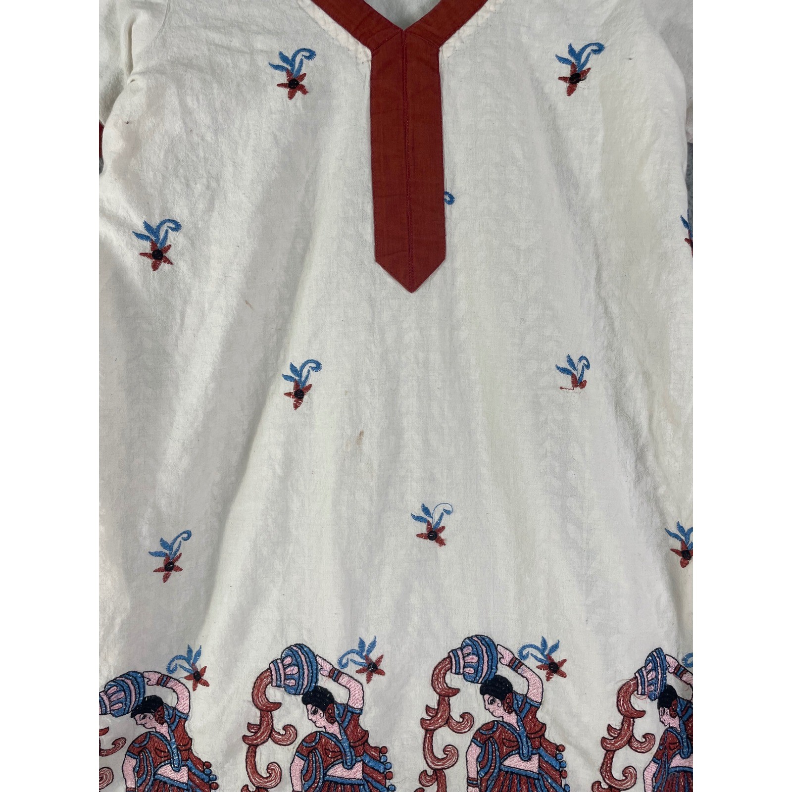 Vintage Hand Embroidered Boho Tunic Dress Cream Rust Blue V Neck Cottagecore