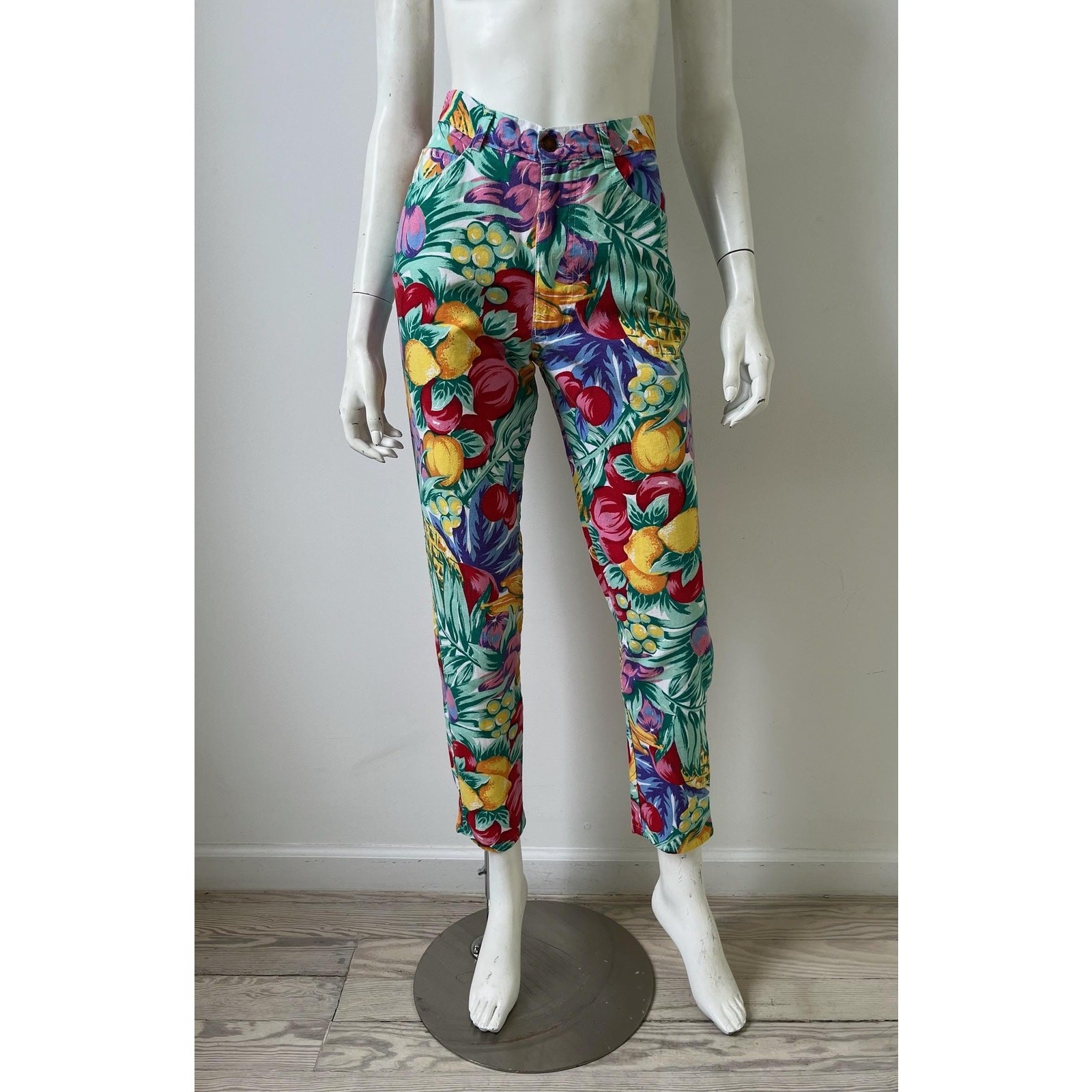 1990s Pants / 90s Rainbow Fruit Print Jeans / Small 25” Waist