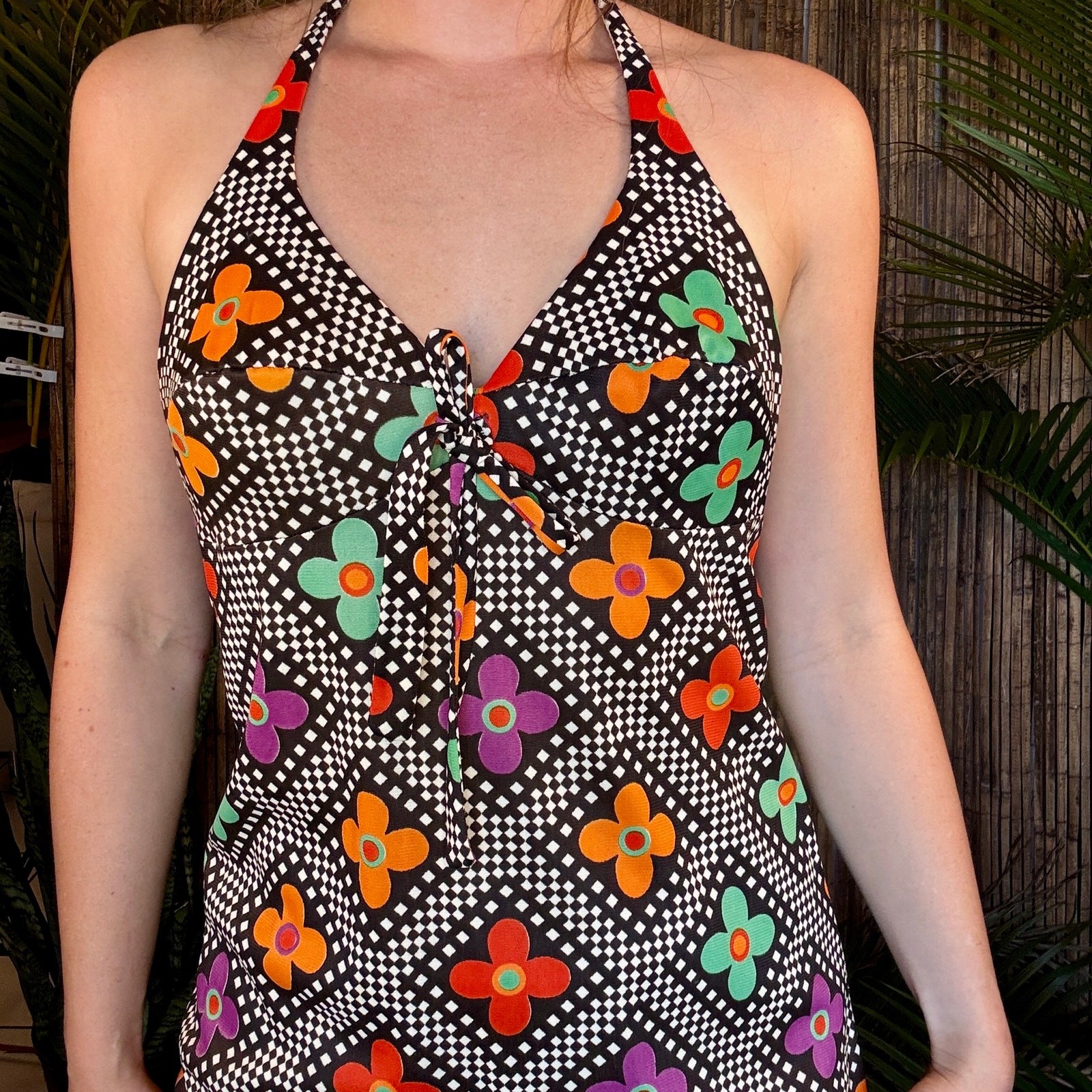 Vintage 1970s California Poppy Psychedelic Pop Art Tankini Halter Swimsuit