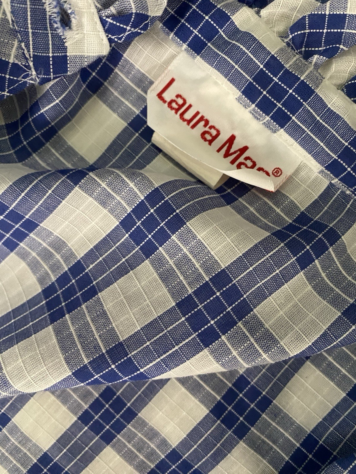 Vintage Laura Mae Life Blouse Blue Plaid Cottagecore Short Puff Sleeves 38 36 40
