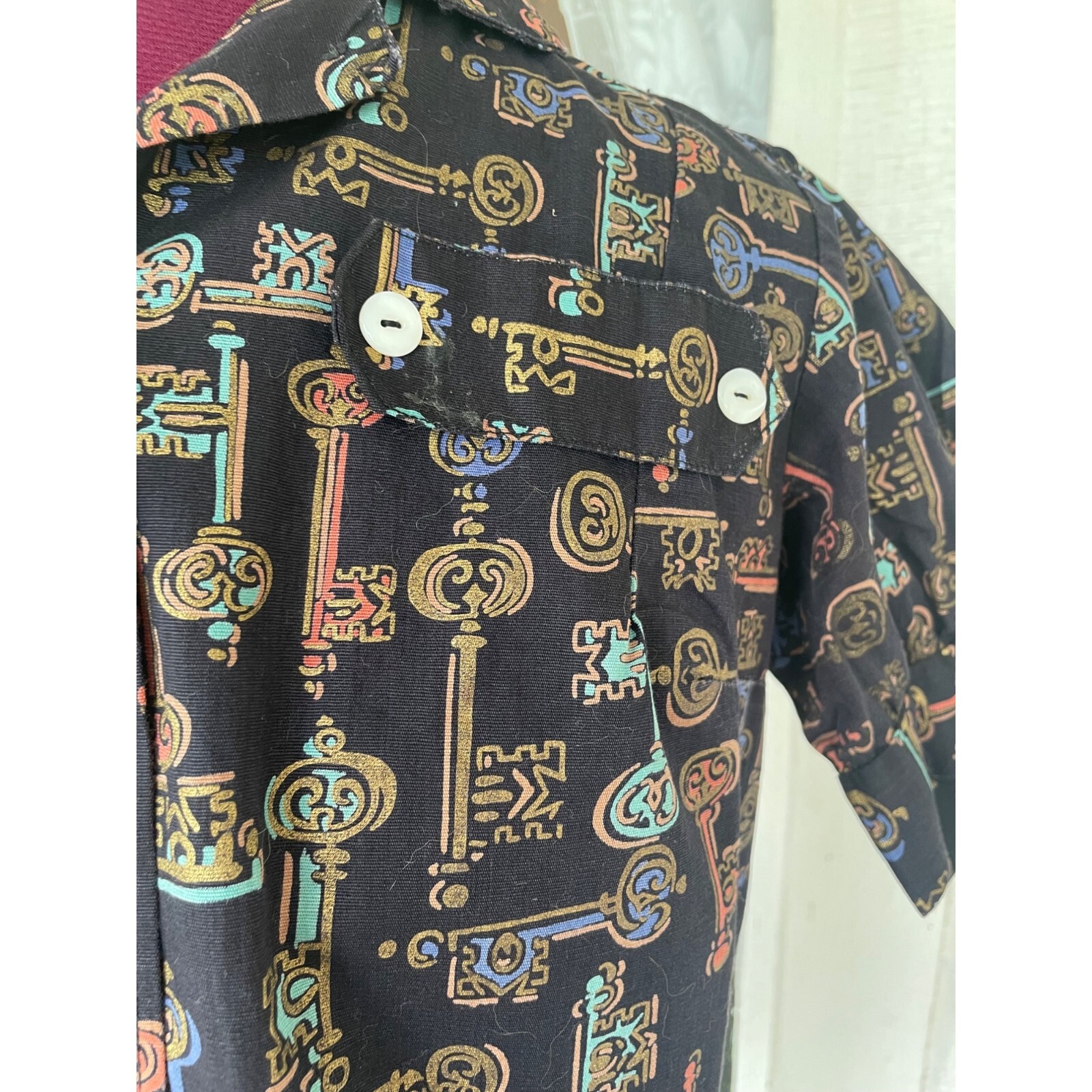 Vintage 1960s Skeleton Key Print Blouse With Puff Sleeves Black Grosgrain Size S