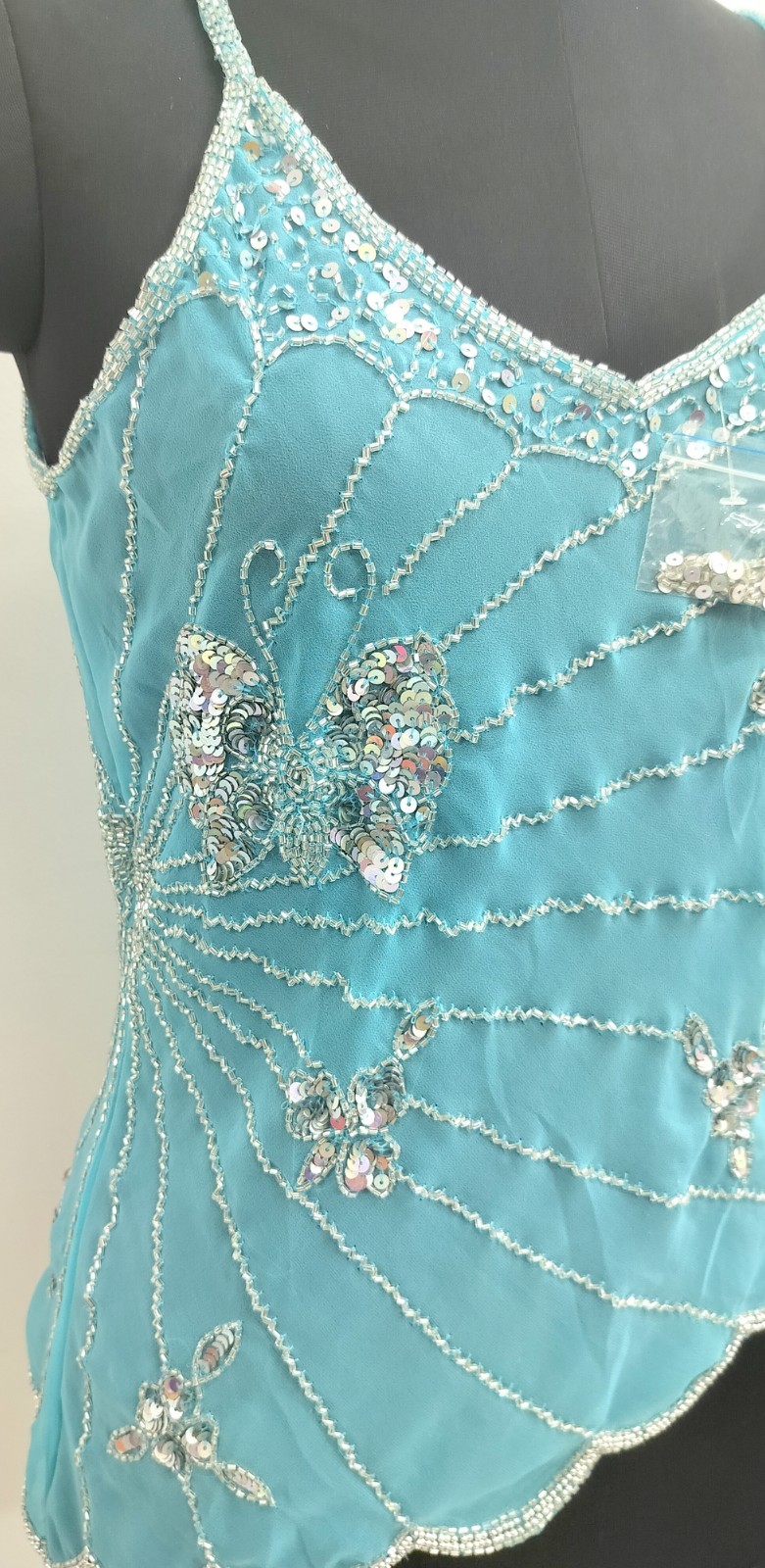 Vintage Y2K Embroidery Costume Sequin Top Blouse Sheer Turquoise Silver Tunic