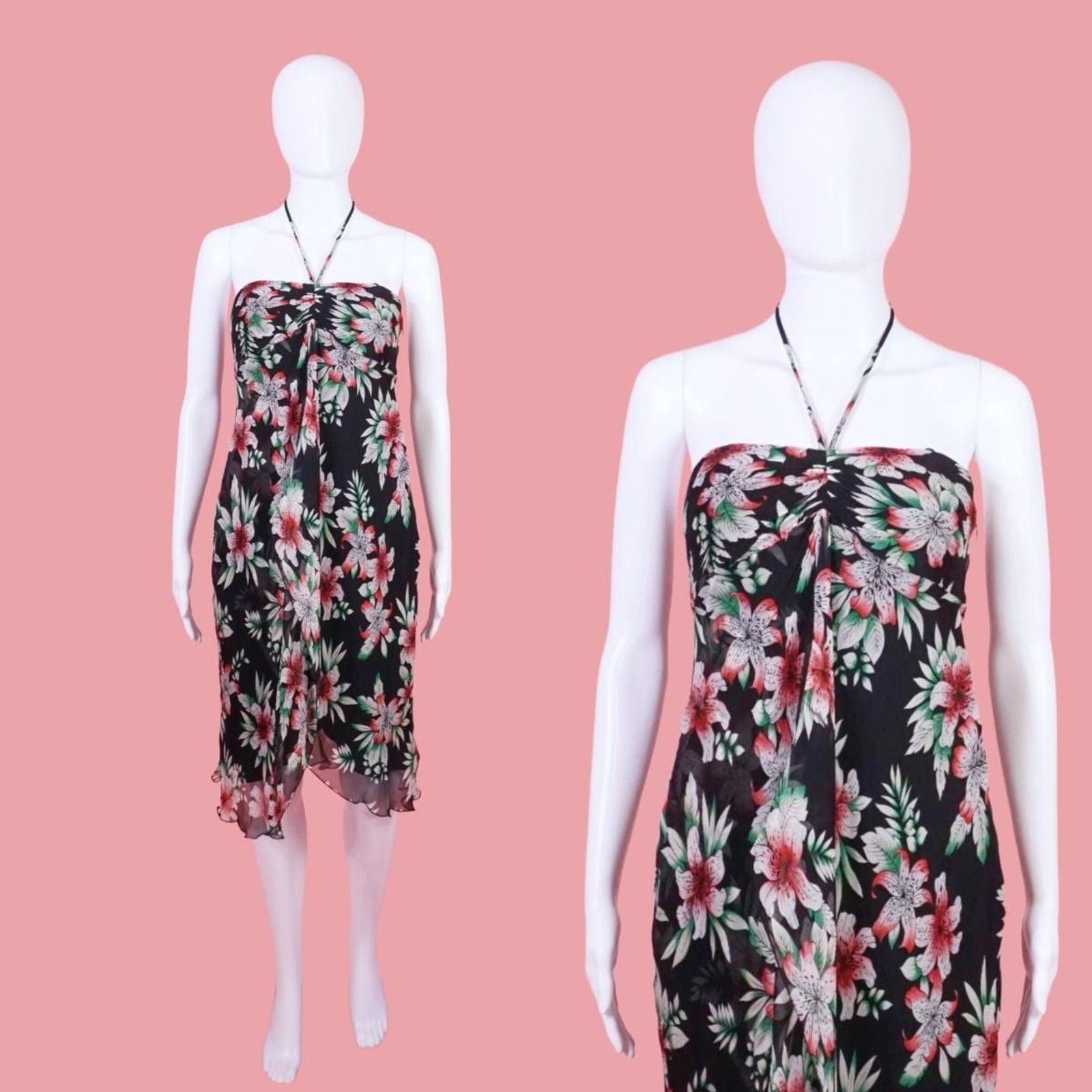 Y2K LAUNDRY SHELLI SEGAL Silk Layered Lily Floral Print Asymmetrical Dress. XS