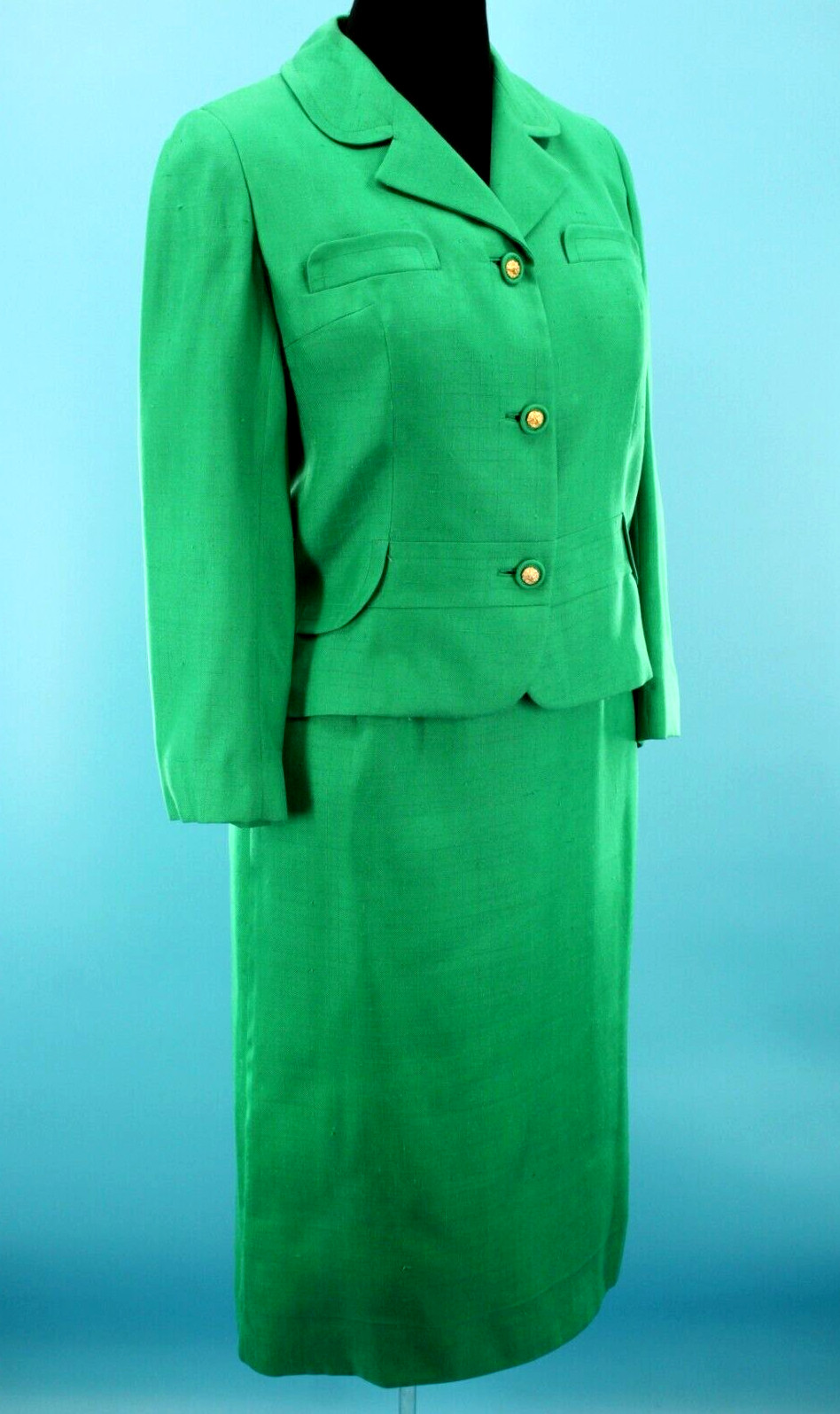 VTG Women’s 60s 2 Pc Kelly Green Dress Suit Set W/ Lion Head Buttons M/L 1960s