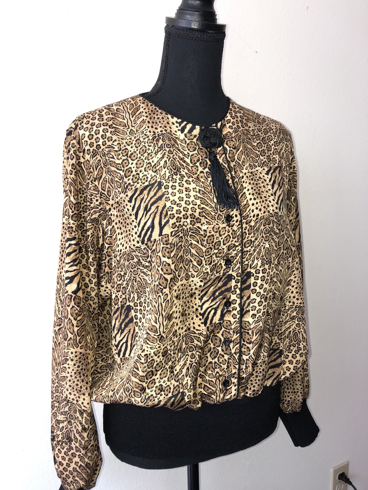 Vintage ’80s/’90s Leopard Animal Print Silky Blouson Blouse Banded Waist Large