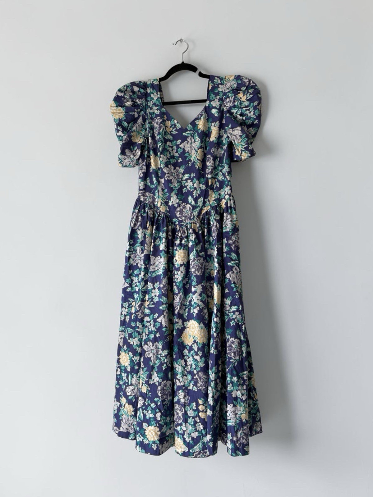 Laura Ashley Vintage Blue Floral Puff Sleeve Midi Dress UK 14 US 12 Cottagecore