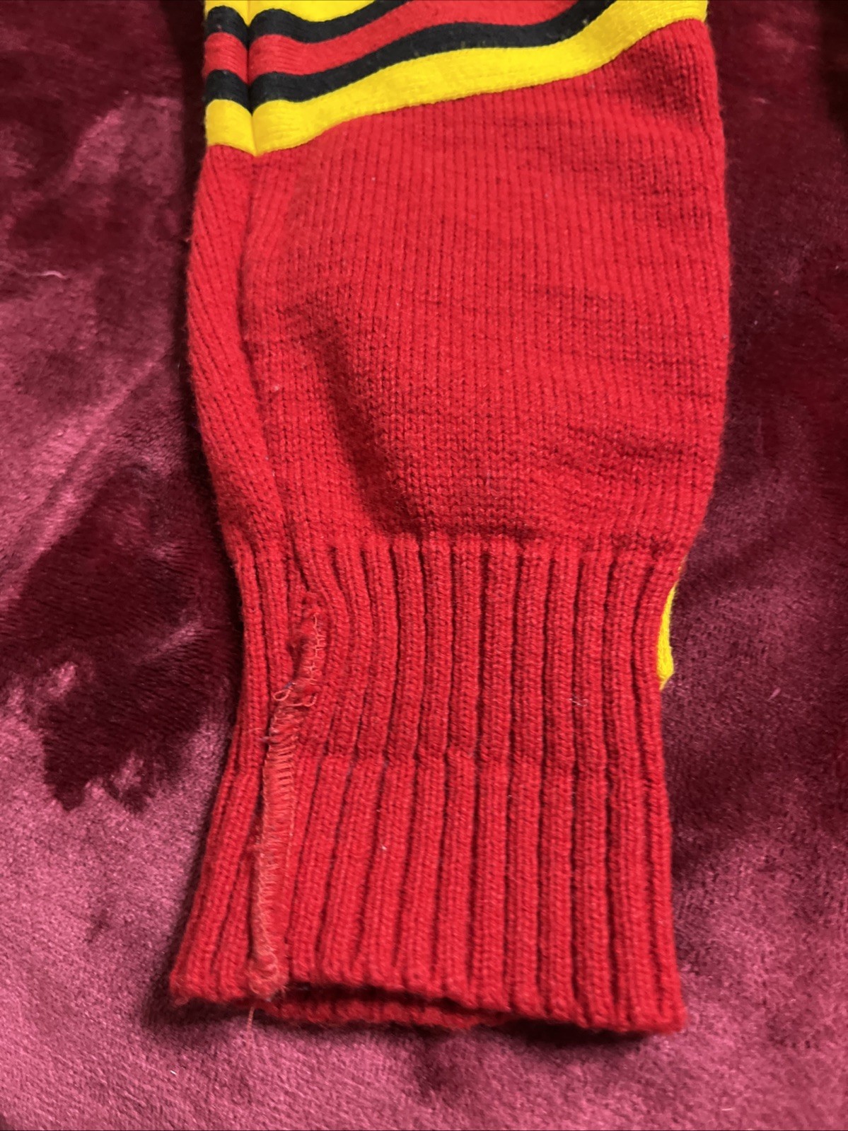 Vintage 80s Cheerleader Knit Sweater Red Black Gold Striped USA Made Medium