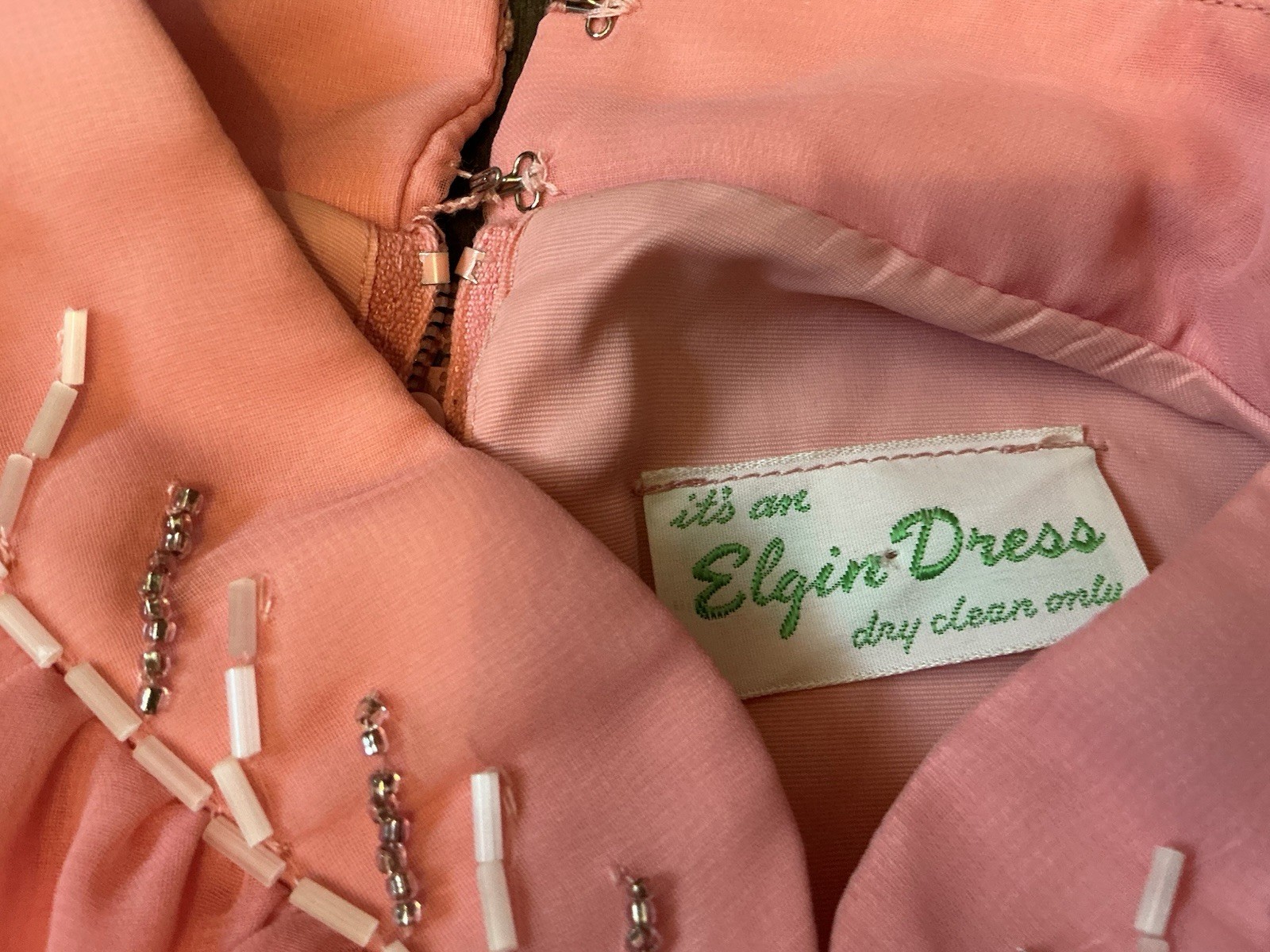 VTG 70’s Elgin Maxi Gown Dress Pink Chiffon Beadwork 5 Victorian Regencycore USA