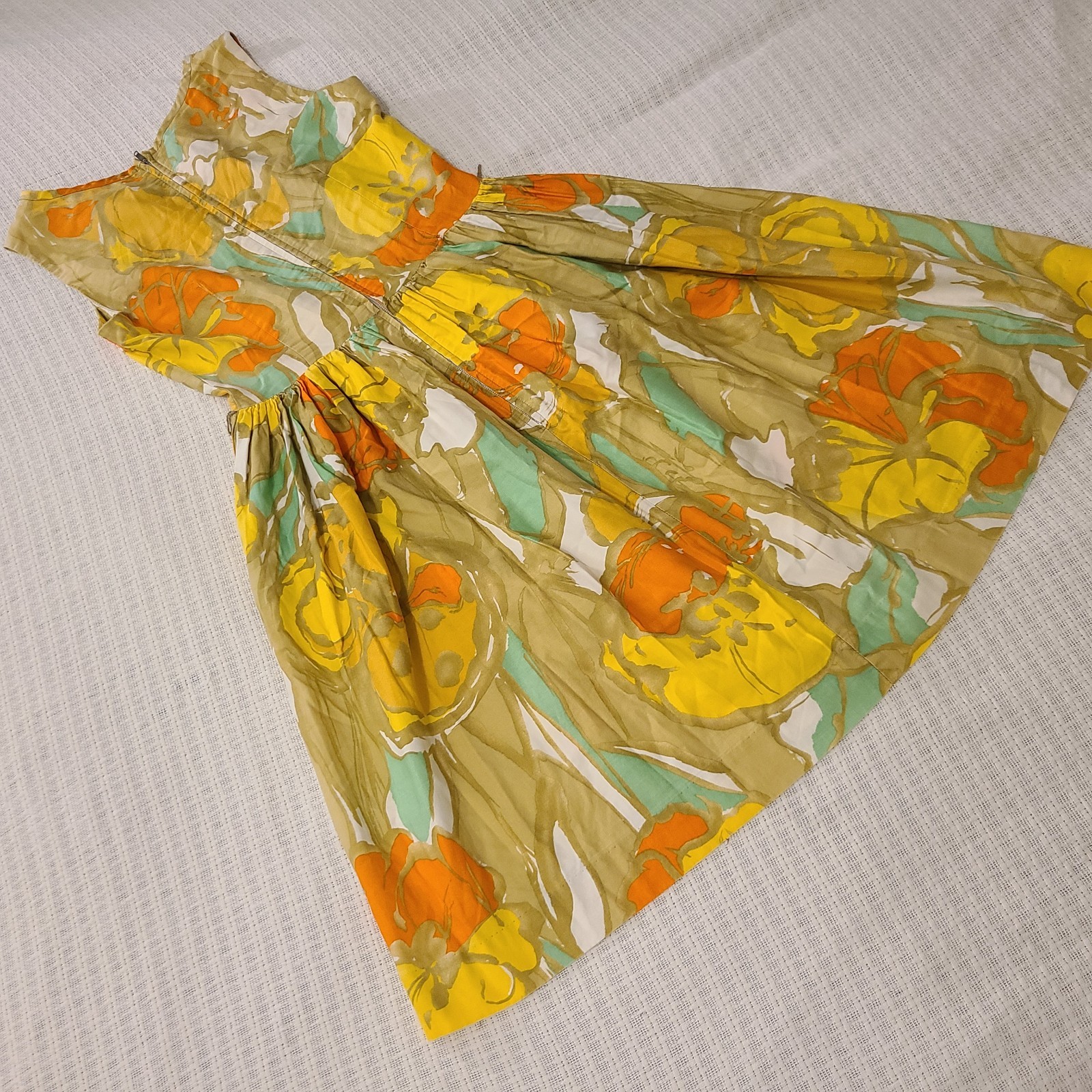 Vtg 60’s Loungecraft Original Floral Cocktail Dress XS Yellow Orange Tan Mad Men