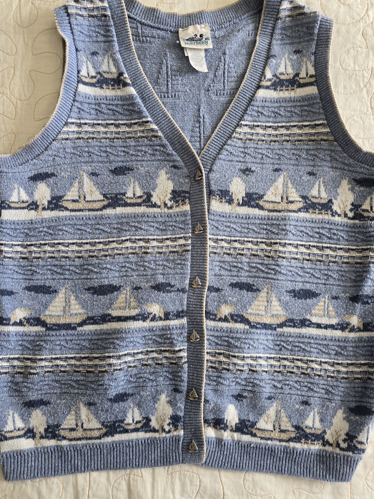 Vintage 90s Sailboat Northern Reflections Sweater Vest XL/TG Whimsical Buttons