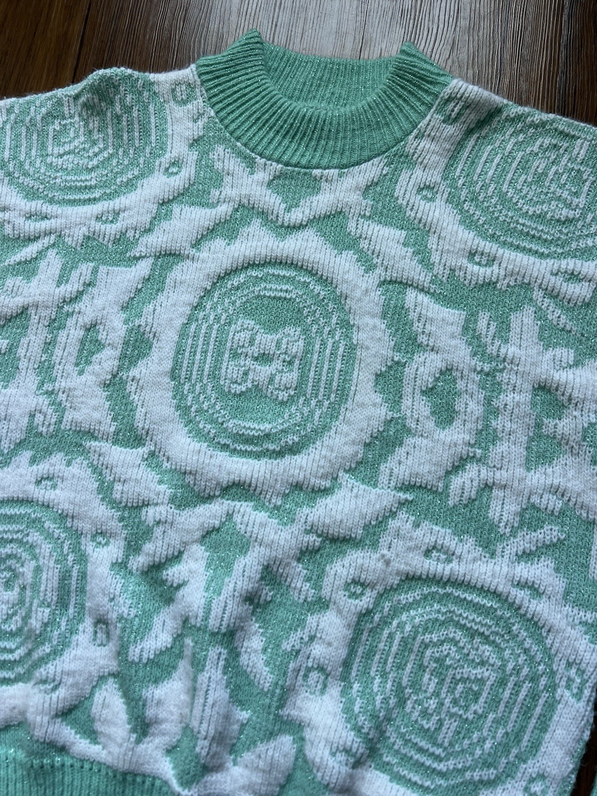 Vintage 80s Pastel Sweater Small Glitter Knit Teal Fairy Kawaii Geometric