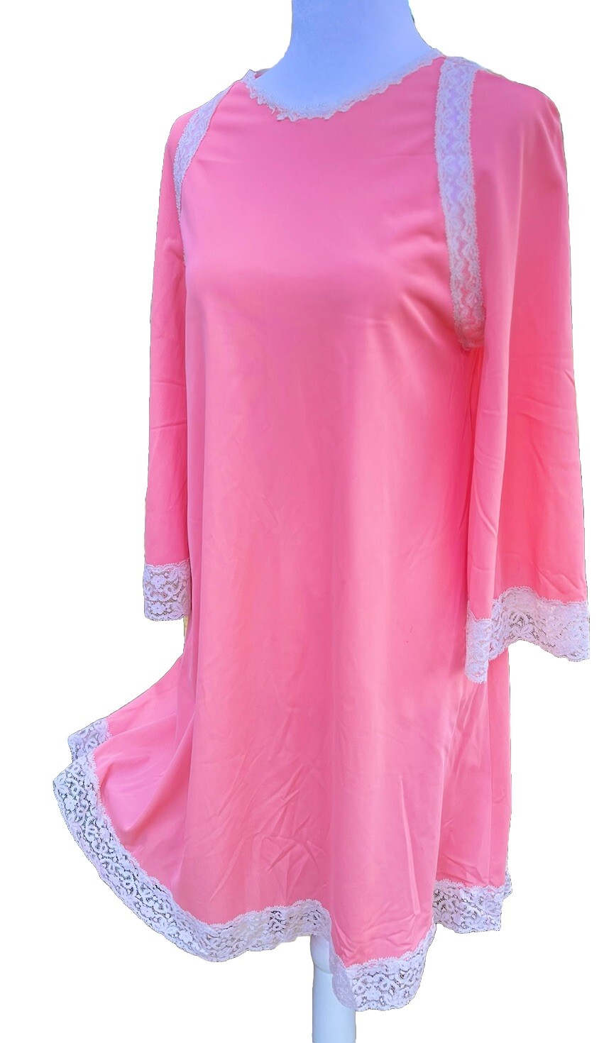 Vtg Nightgown Artemis Angel Wing Flutter Sleeve Nylon Lace Candy Pink Coral 36 S