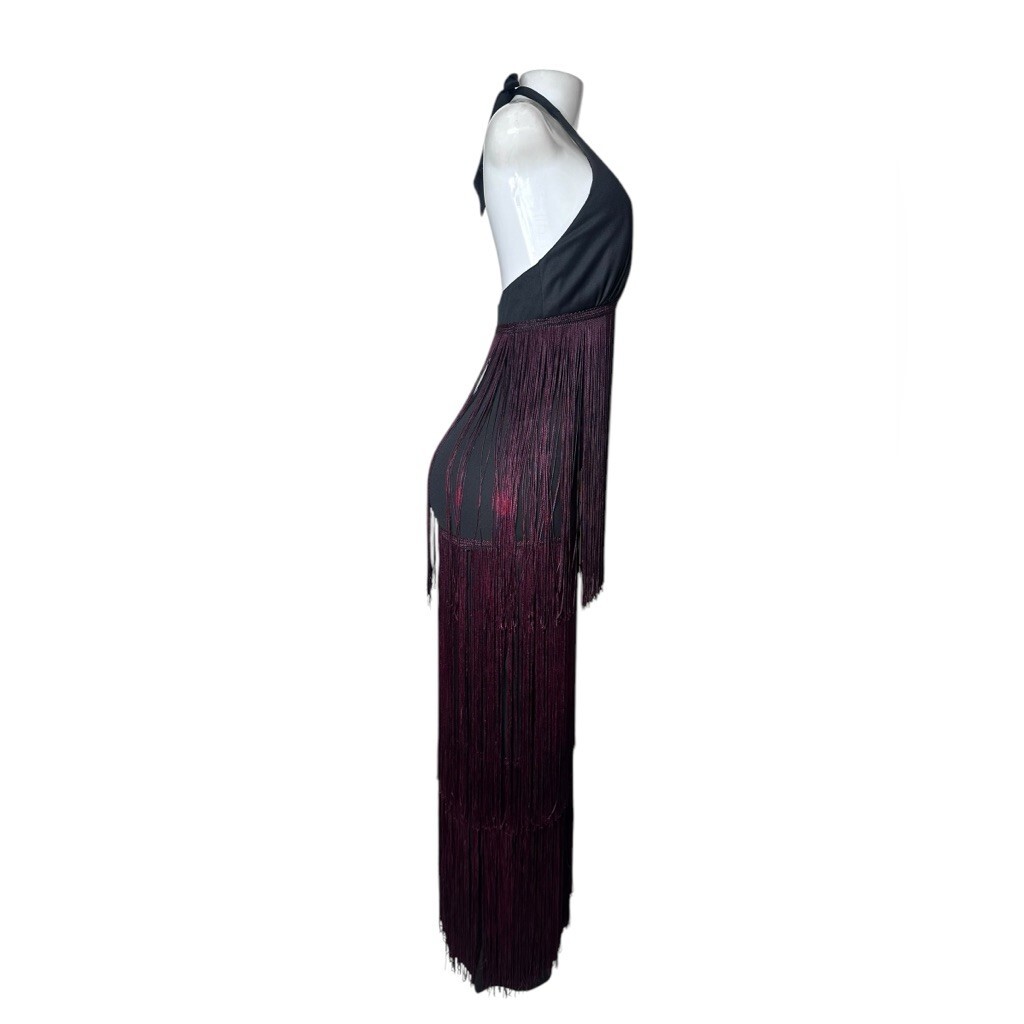VTG 70s Jack Hartley Halter Fringe Maxi Dress Black & Plum Ombre Festival 7/8