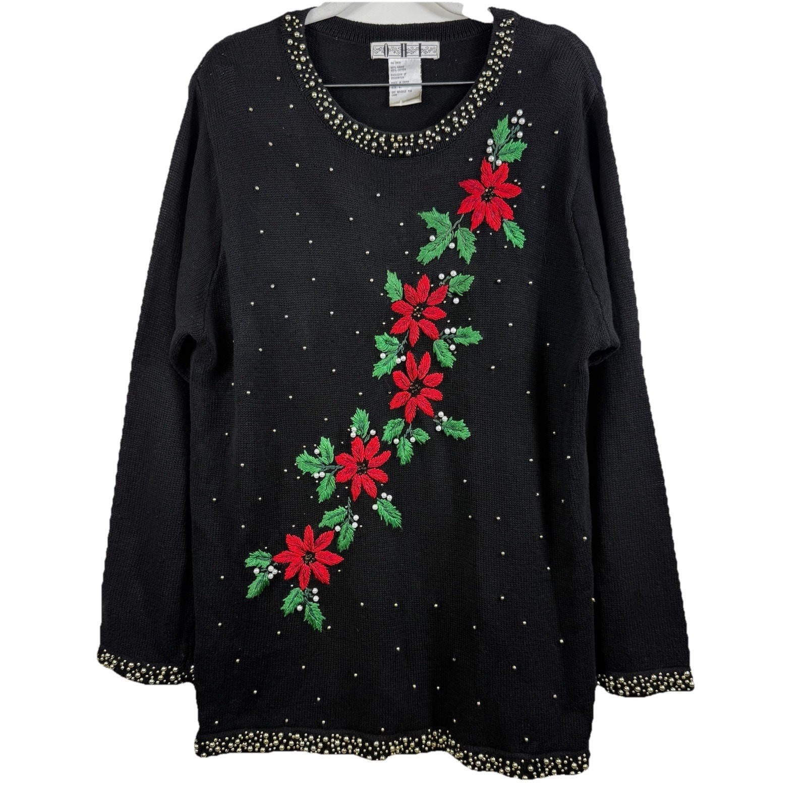 Vintage 90s Beaded Black Embroidered Poinsettia Sweater Large Holiday Christmas