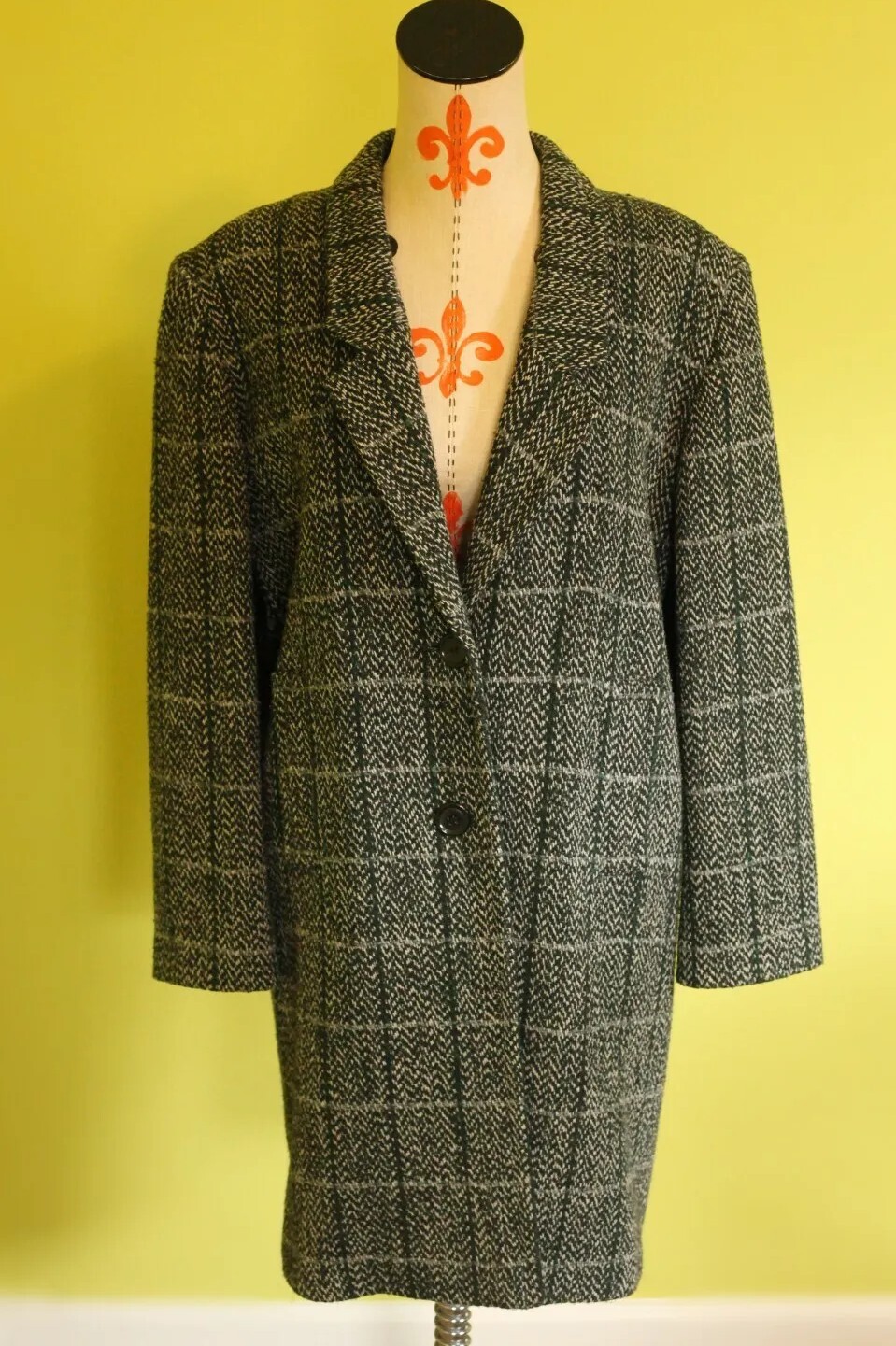 VTG Hunters Run Plaid Gray Tweed Coat Jacket Wool Blend Romania Womens Sz 5/6