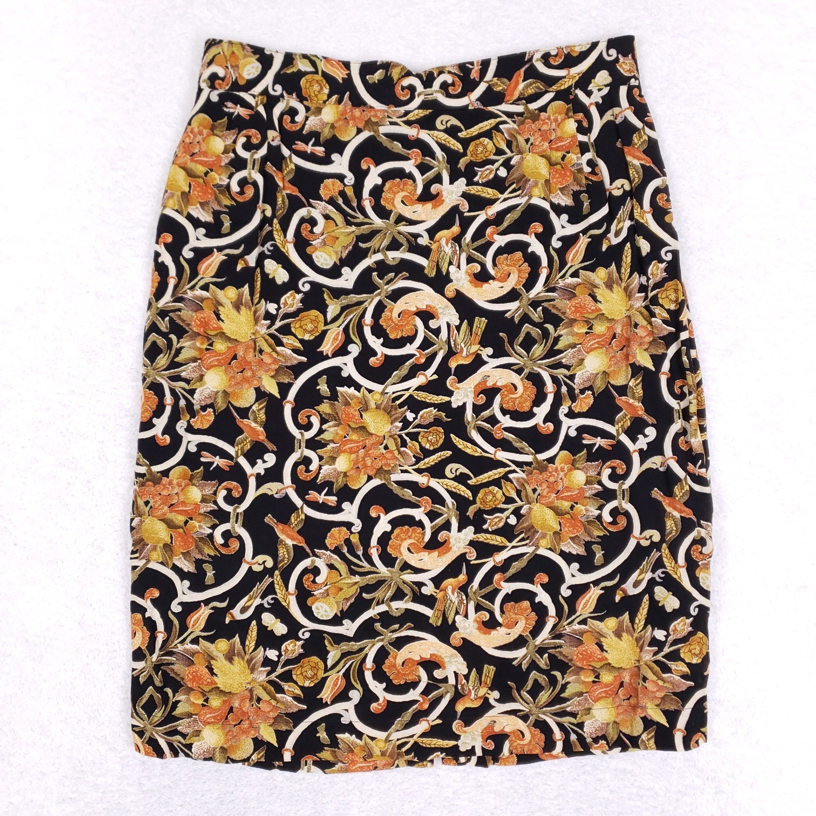 Vintage Platinum Dorothy Schoelen Skirt Womens 12 Black Baroque Bird Rayon 90s
