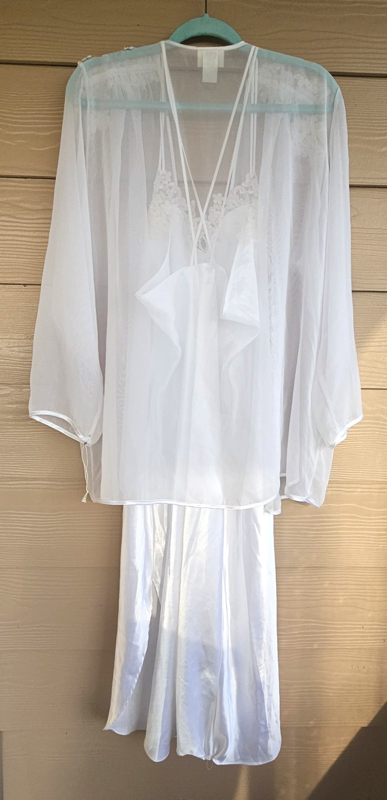 Vintage Intimo Amore White Beaded Satin Bridal Nightgown Sz XL & Sheer Robe Sz L