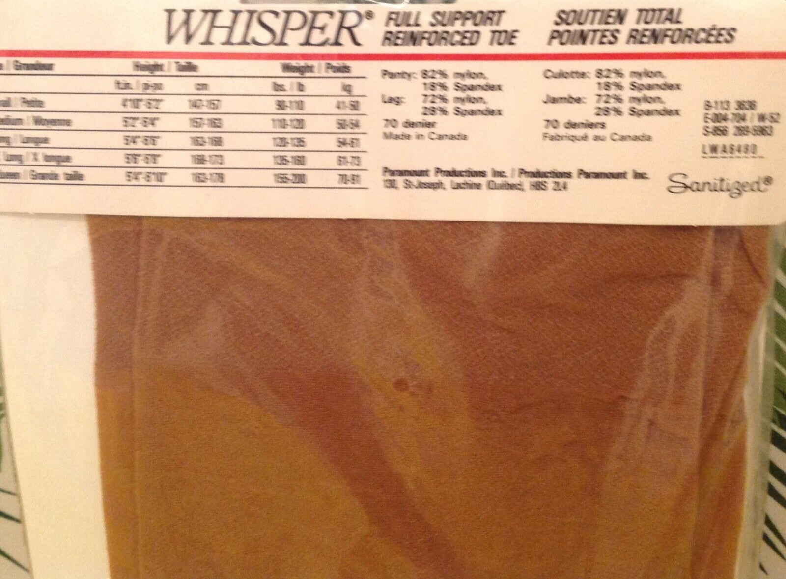 Vintage Pantyhose Whisper Full Support Color Suntan Size Small B002A