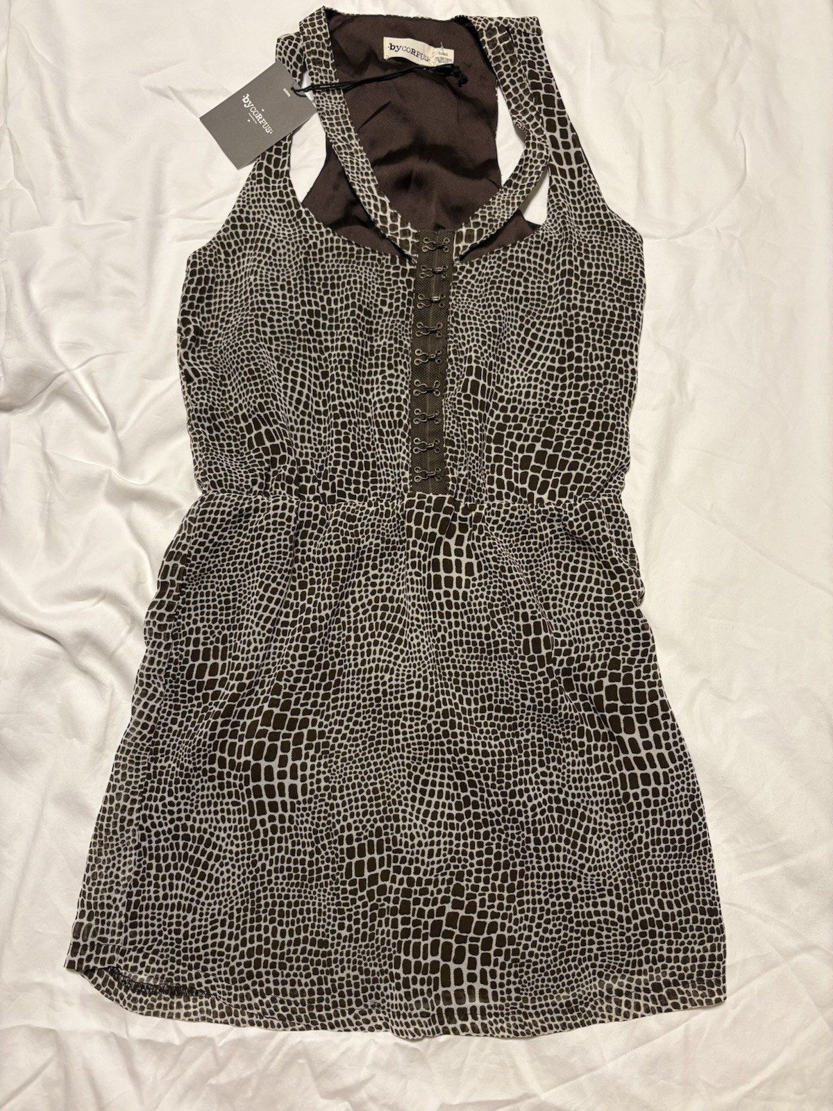 NWT Y2K Deadstock byCorpus Brown Snake Print Hook-and-Eye Mini Dress