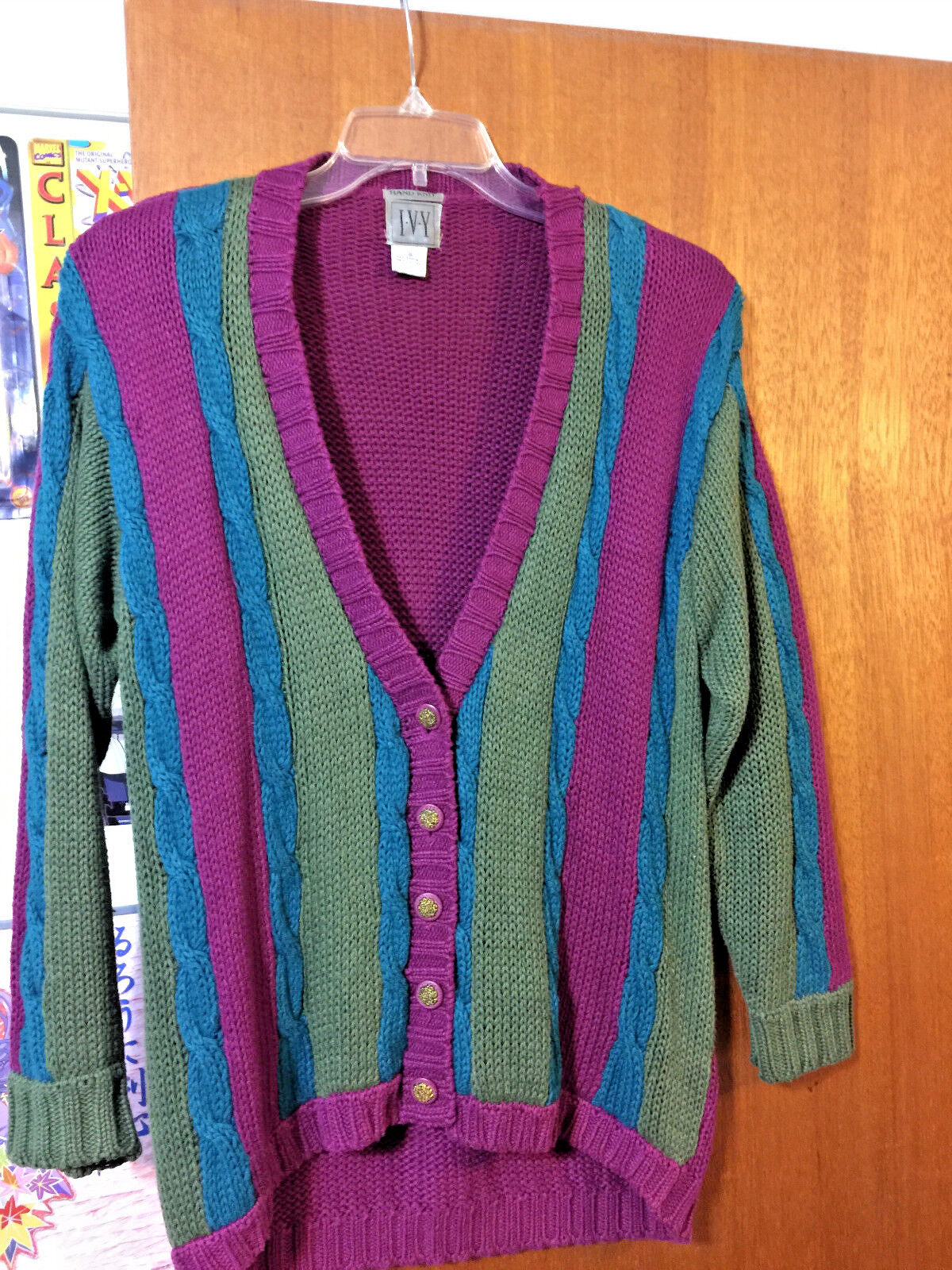VINTAGE Women’s IVY I.V.Y. Hand Knit 5 Button Sweater Purple Green Blue SZ S EUC