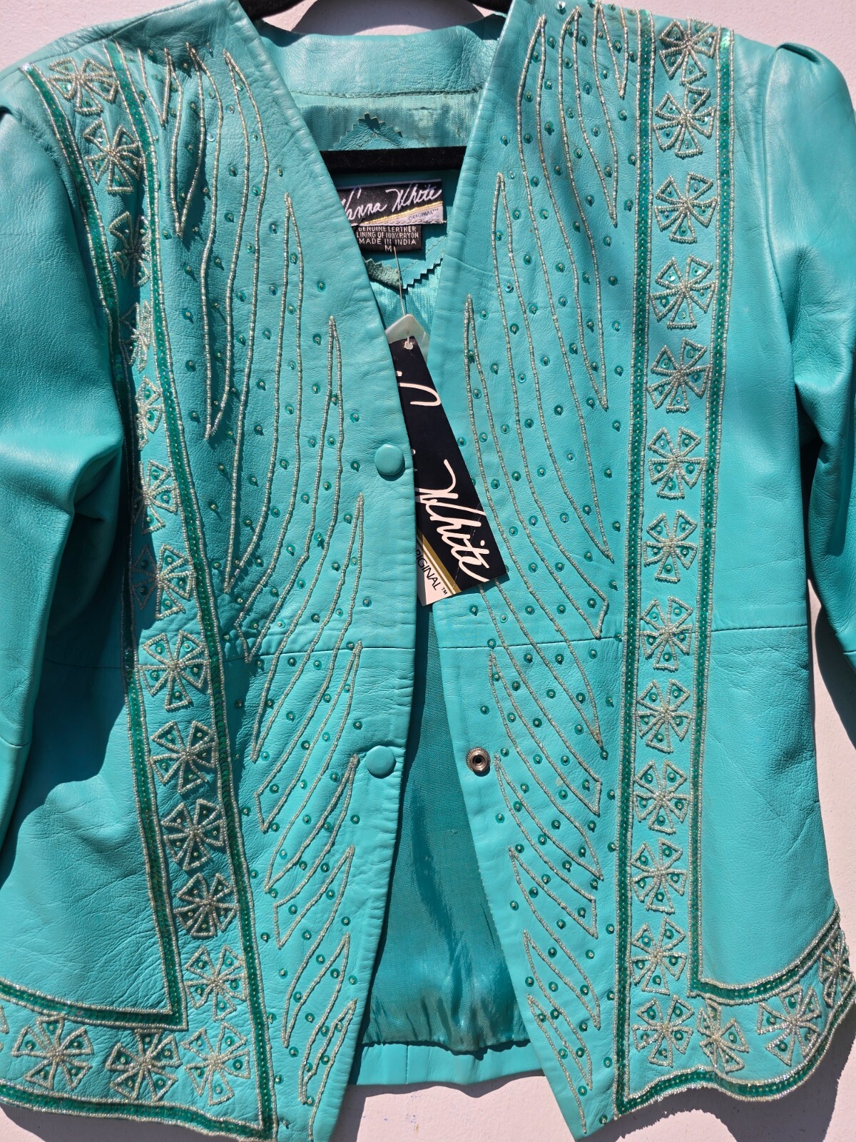 Vanna White Original Beaded Turquoise Leather 1980’s vintage Suit New W/Tags