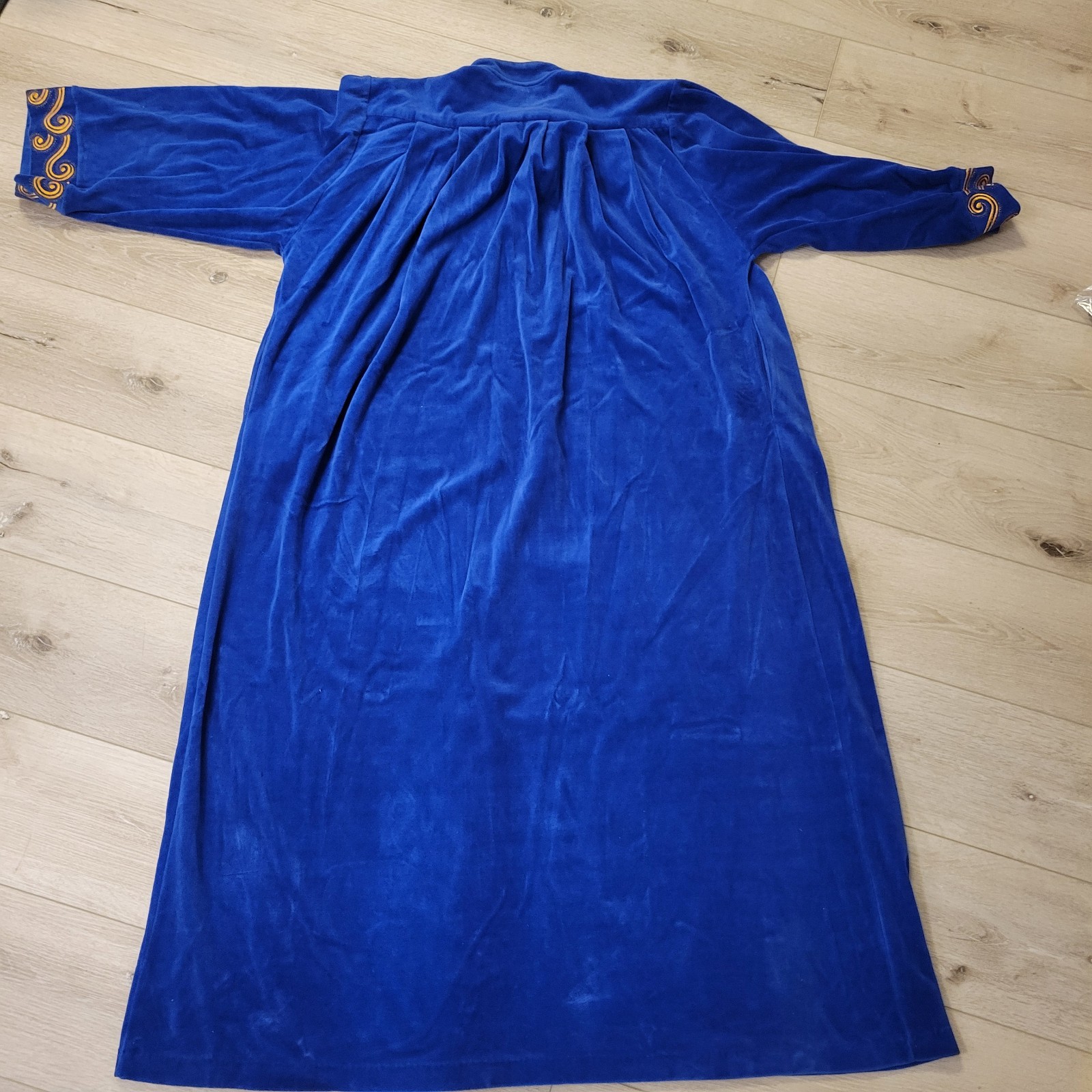 VTG Ariel Keyloun Blue Gold Embroider Robe Zip Front House Coat PJ Wear Sz Lg