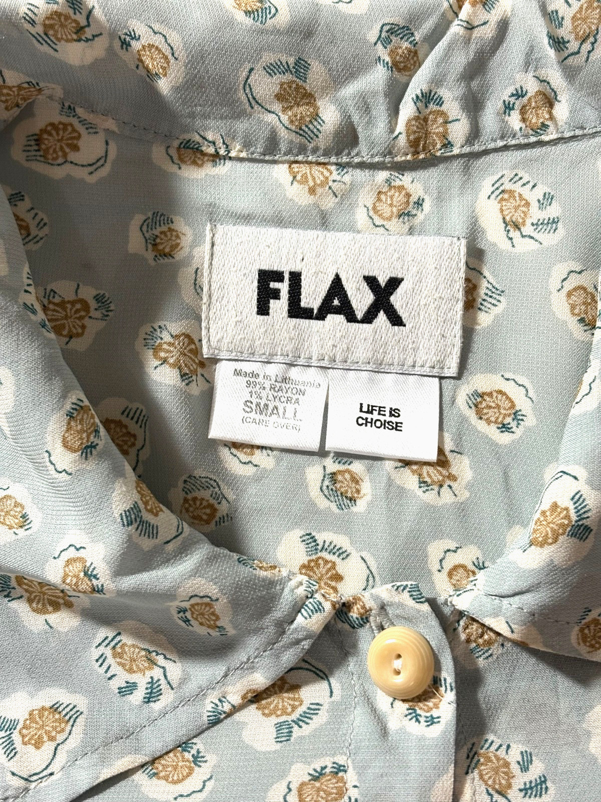 FLAX SOFT GREEN PRINT BLOUSE, MARKED SMALL BUT FITS LARGE , VINTAGE 1980’S