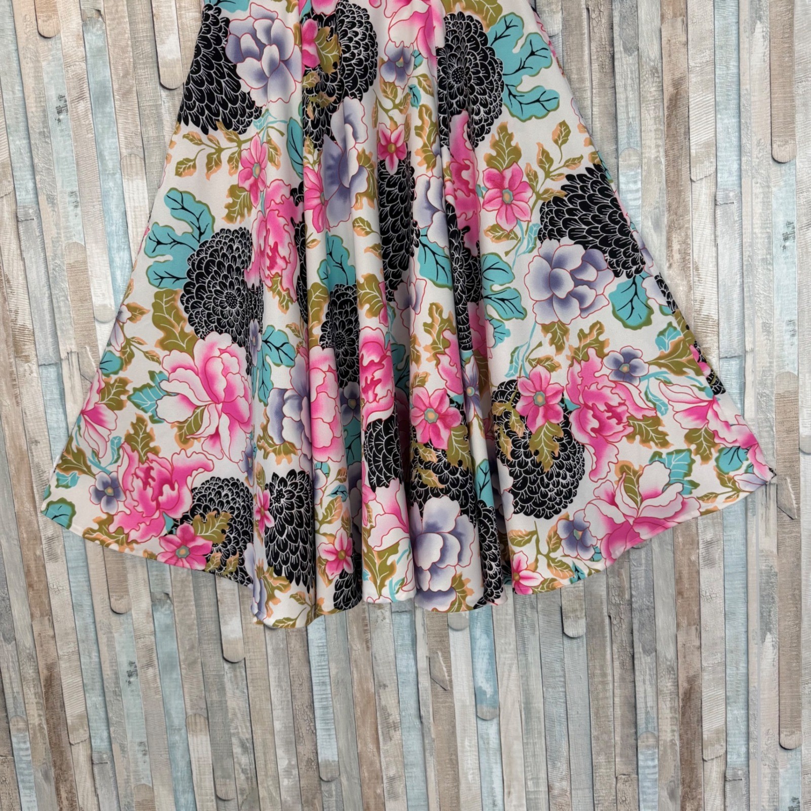Vintage M Floral Circle Swing Twirl Full Midi Skirt High Waist Pleated A-Line