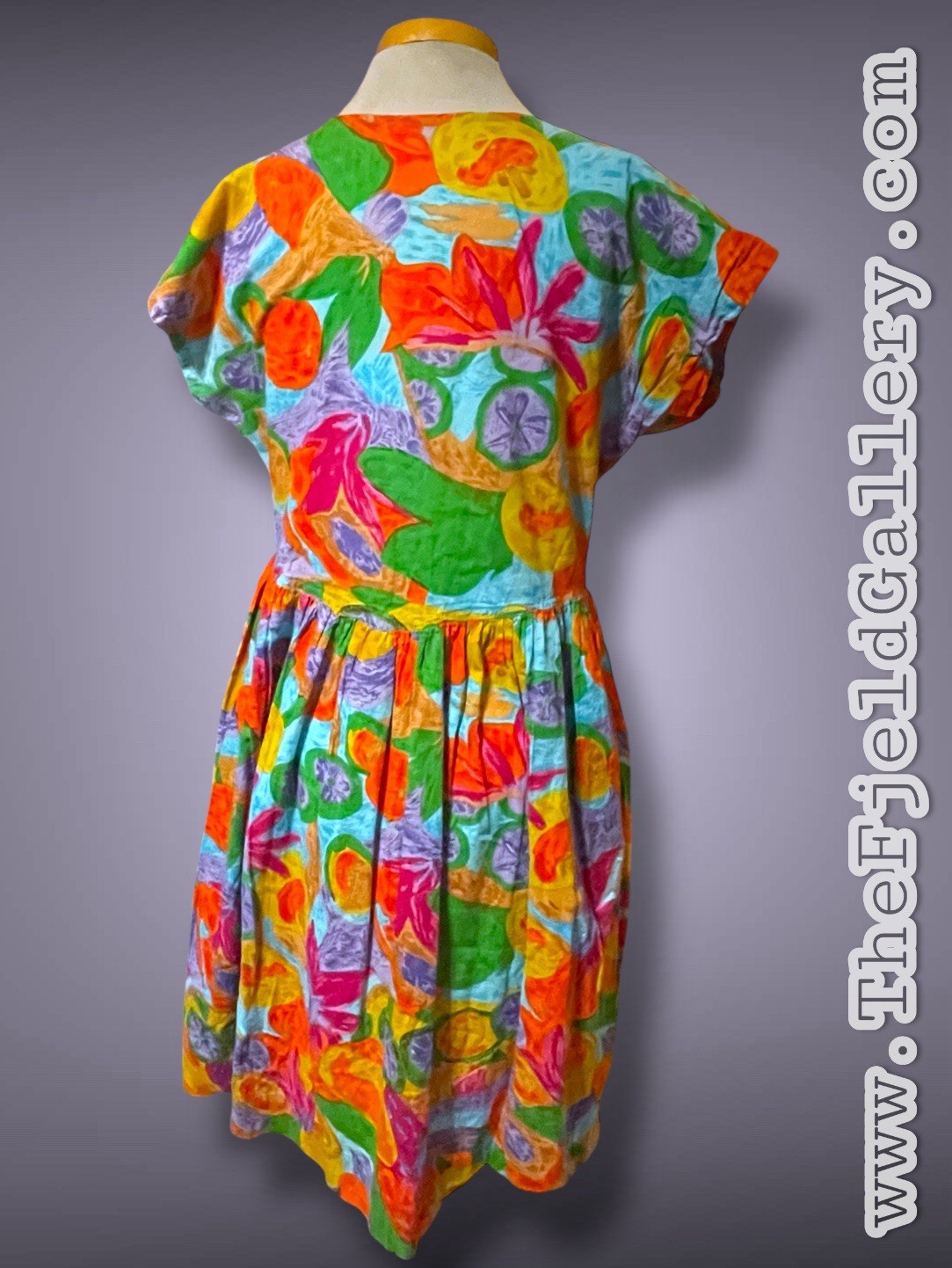 1990’s Bright Rainbow Flower & Fruit Pattern Button Bust Pocket Dress