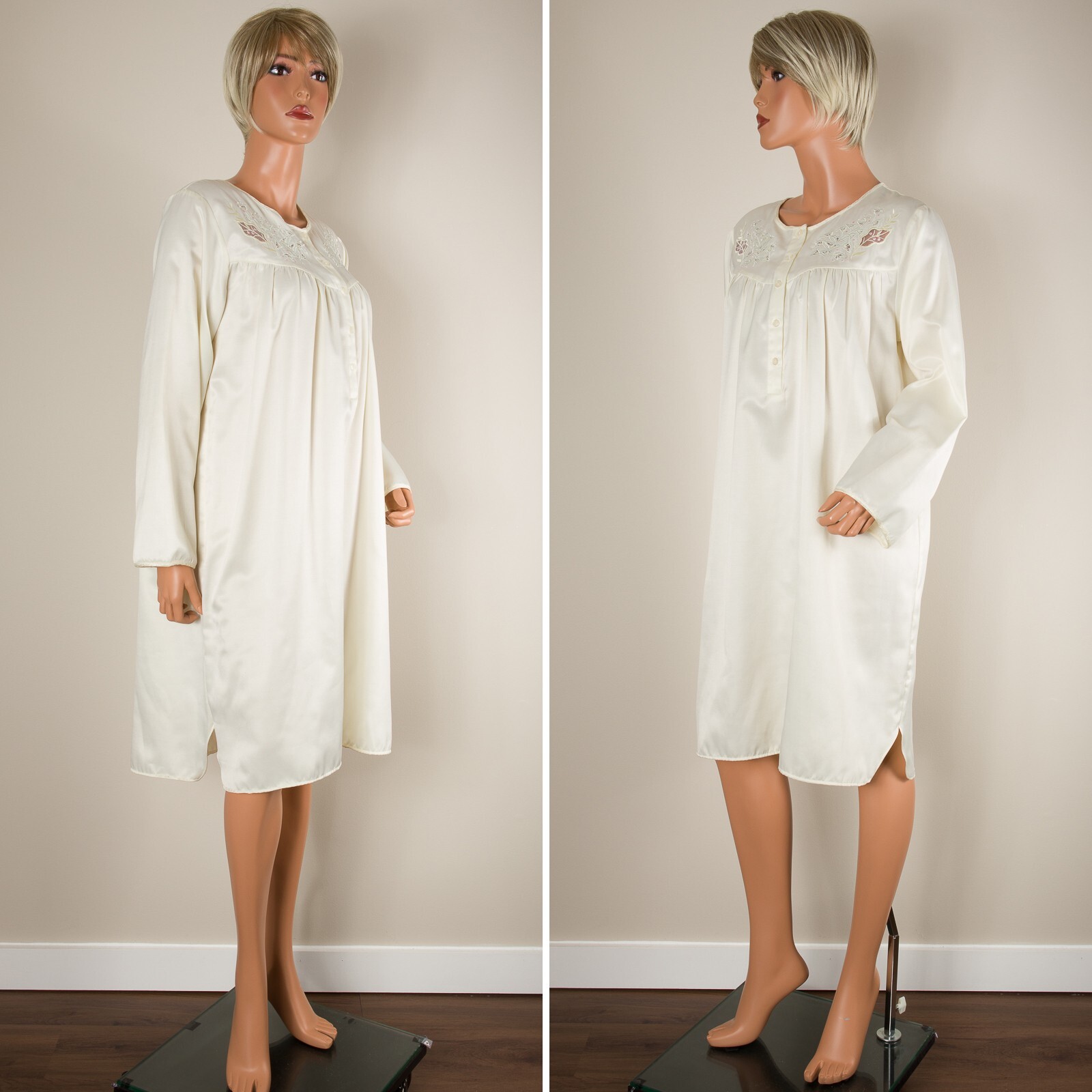 💖 BARBIZON Ivory Satin Nightgown Long Sleeve Cut-Out Embroidered Button Small