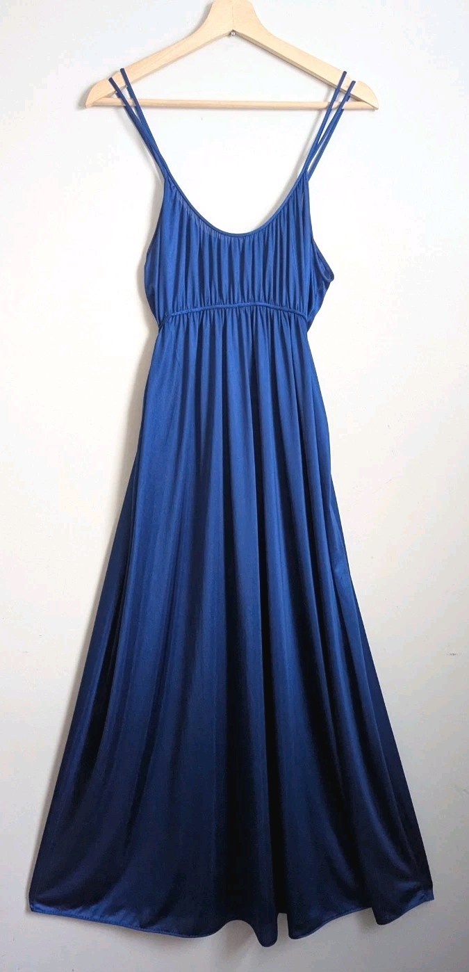 Vtg 70s KAYSER Silky Nylon Nightgown Negligee Slip Dress Maxi L USA Royal Blue