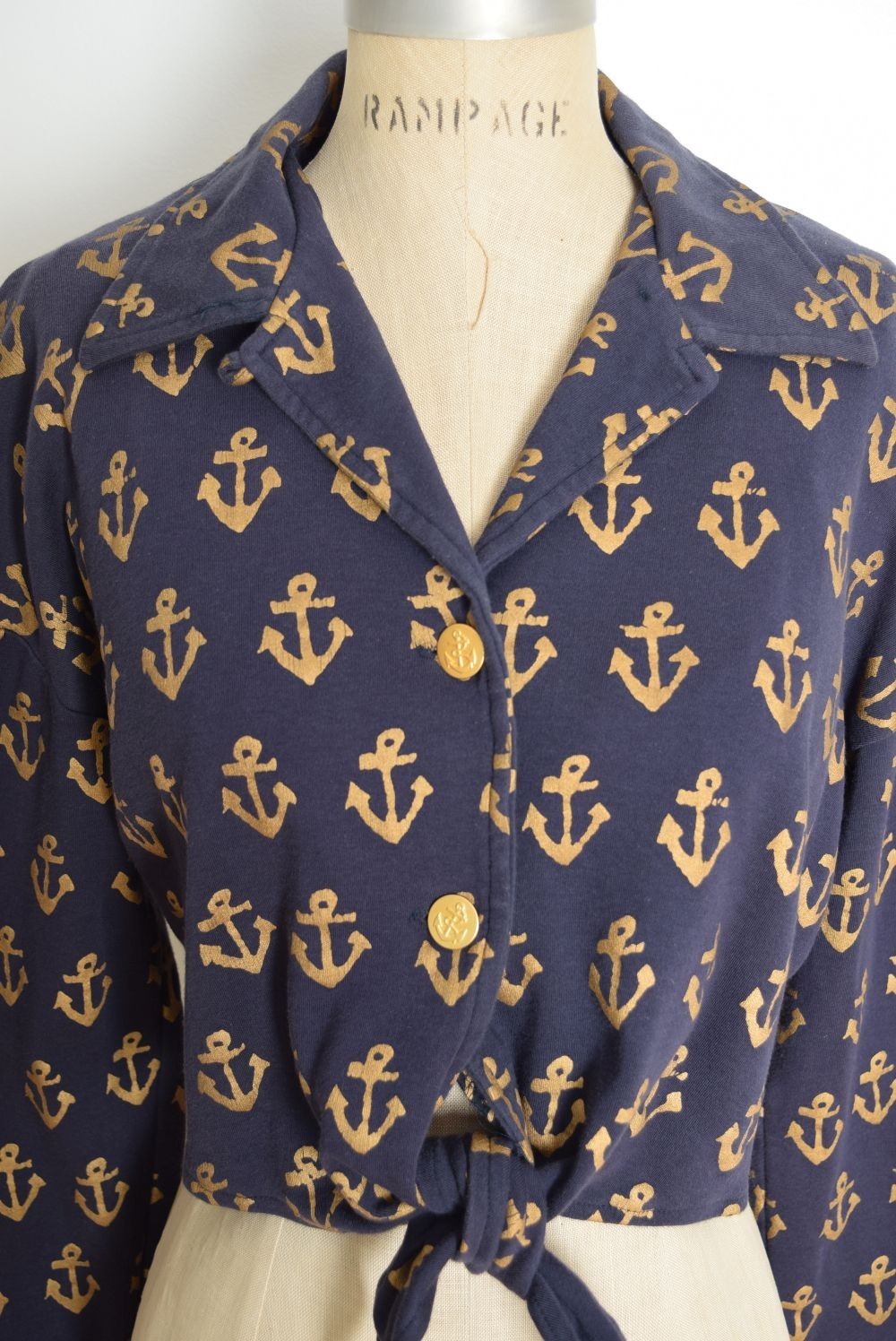 vintage 80s jacket top navy metallic gold anchor print nautical sailor L XL