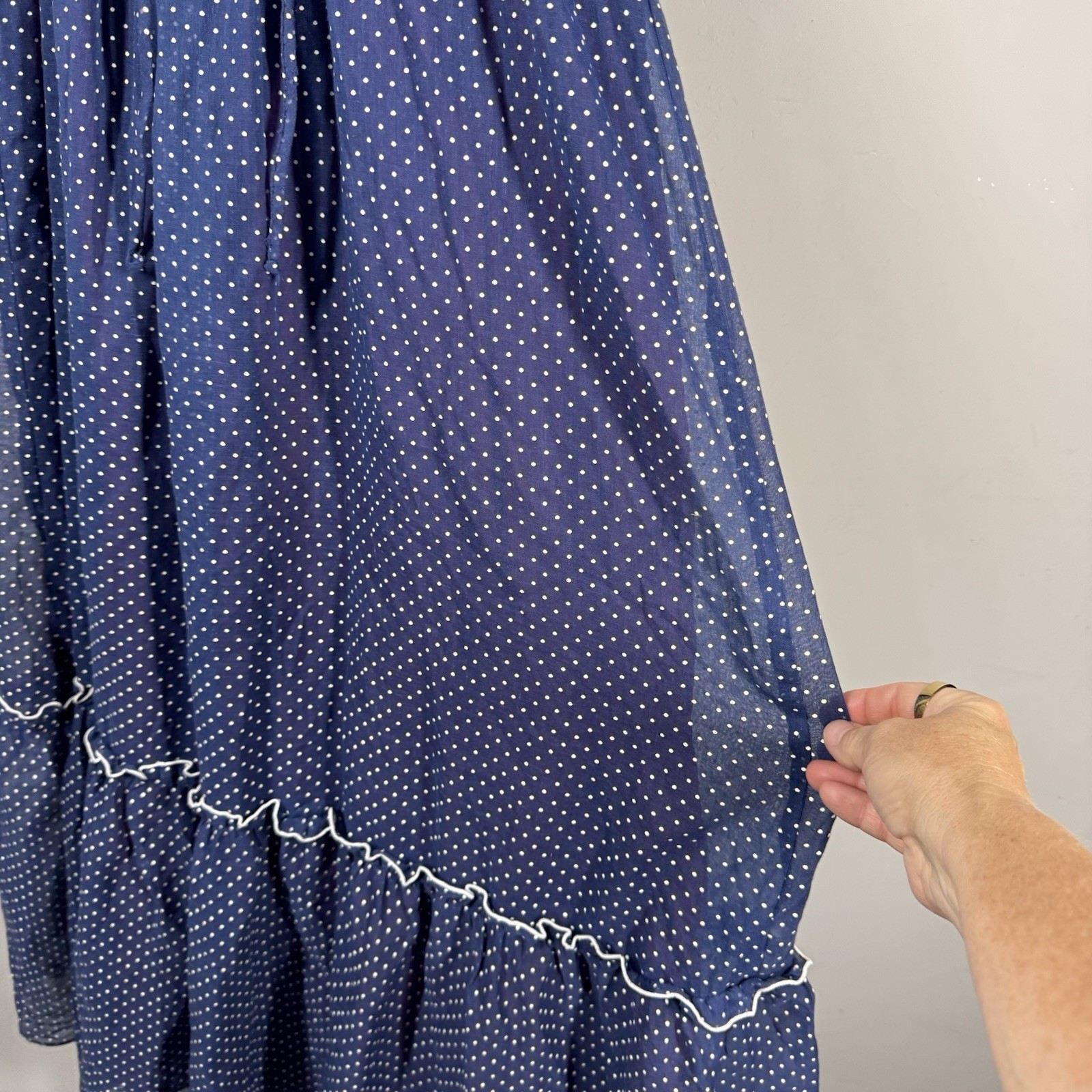 Vtg Ruffle Maxi Dress Sheet Blue Polka Dot Over Lining JC Penny Women Sz 11/12