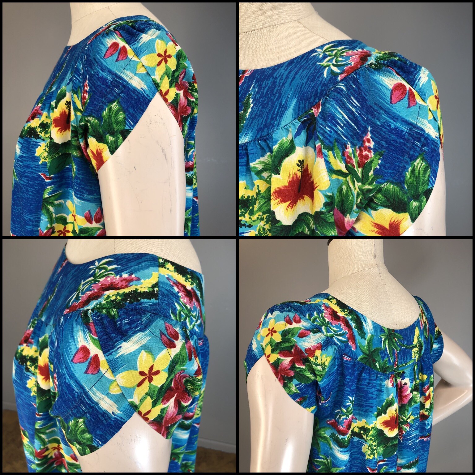 Vtg 60s Dress Hawaiian Classic Rayon Muu Muu Novelty Print Paradise Split Sleeve