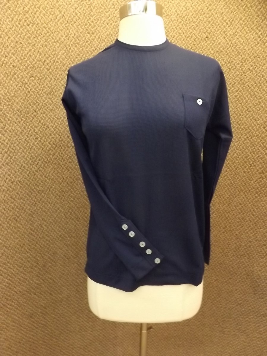 NEW Vtg 70s Dark Blue Poly Knit Zipper Back Button Accent Stretch Pullover Sz M