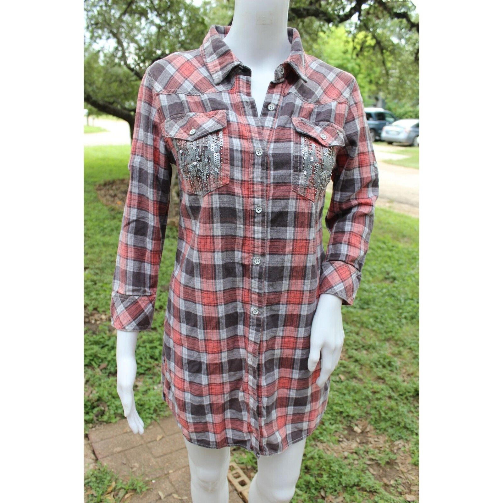 Y2K Vintage Miss Me Plaid Button-Down Shirt Dress W/ Sequin Pockets Size S