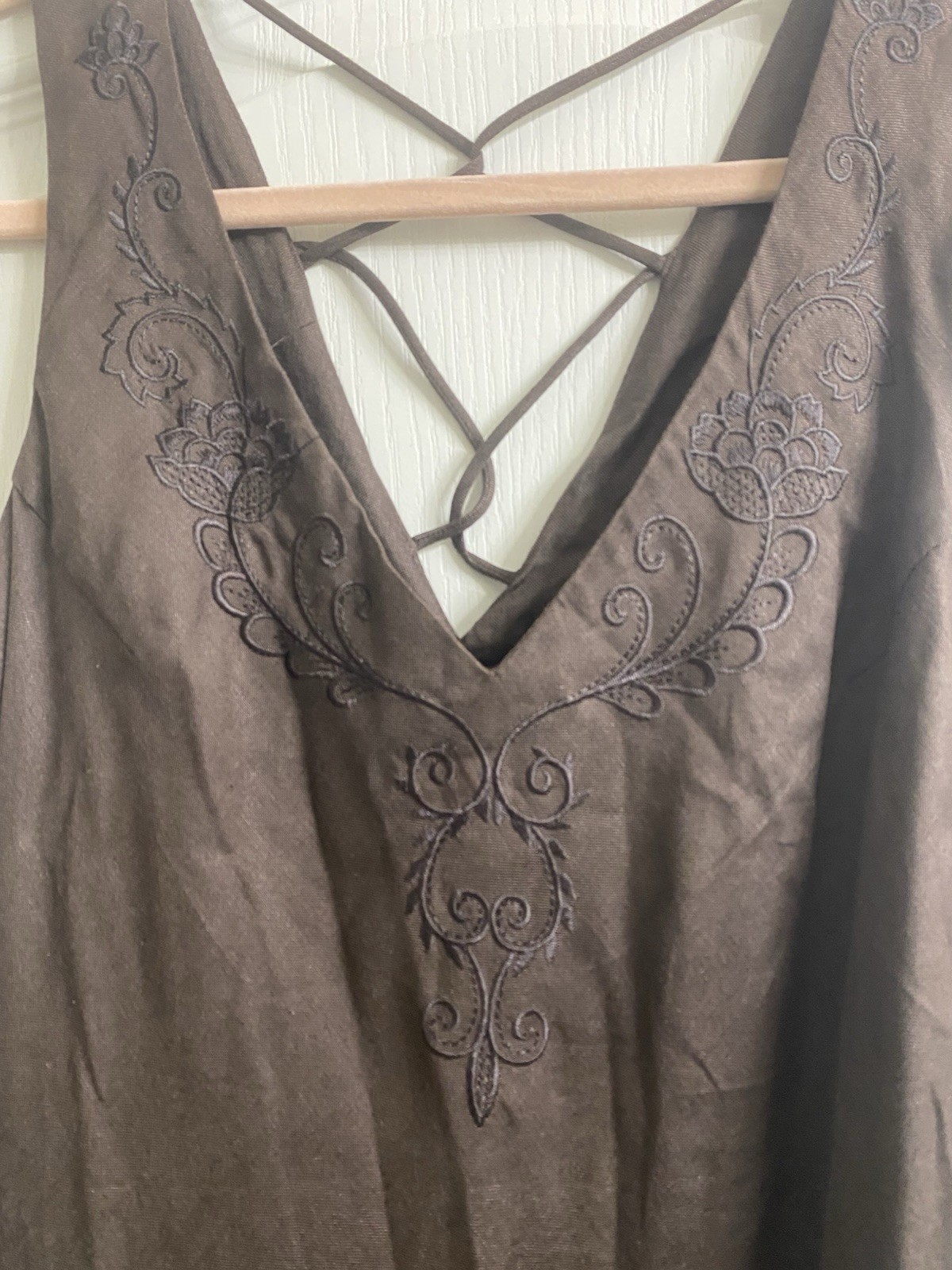 Vintage 90s Exclamation Chocolate Brown Embroidered Flounced Fairy Midi Dress XL
