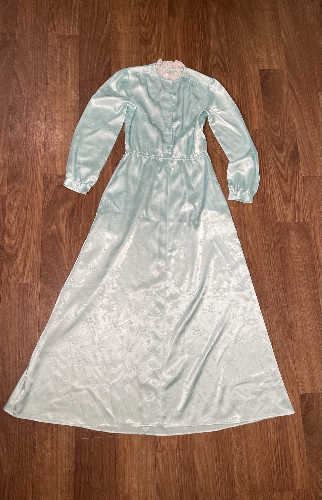 Vintage 60s Blue Satin Prom Maxi Dress Small Floral Modest Cottagecore Coquette