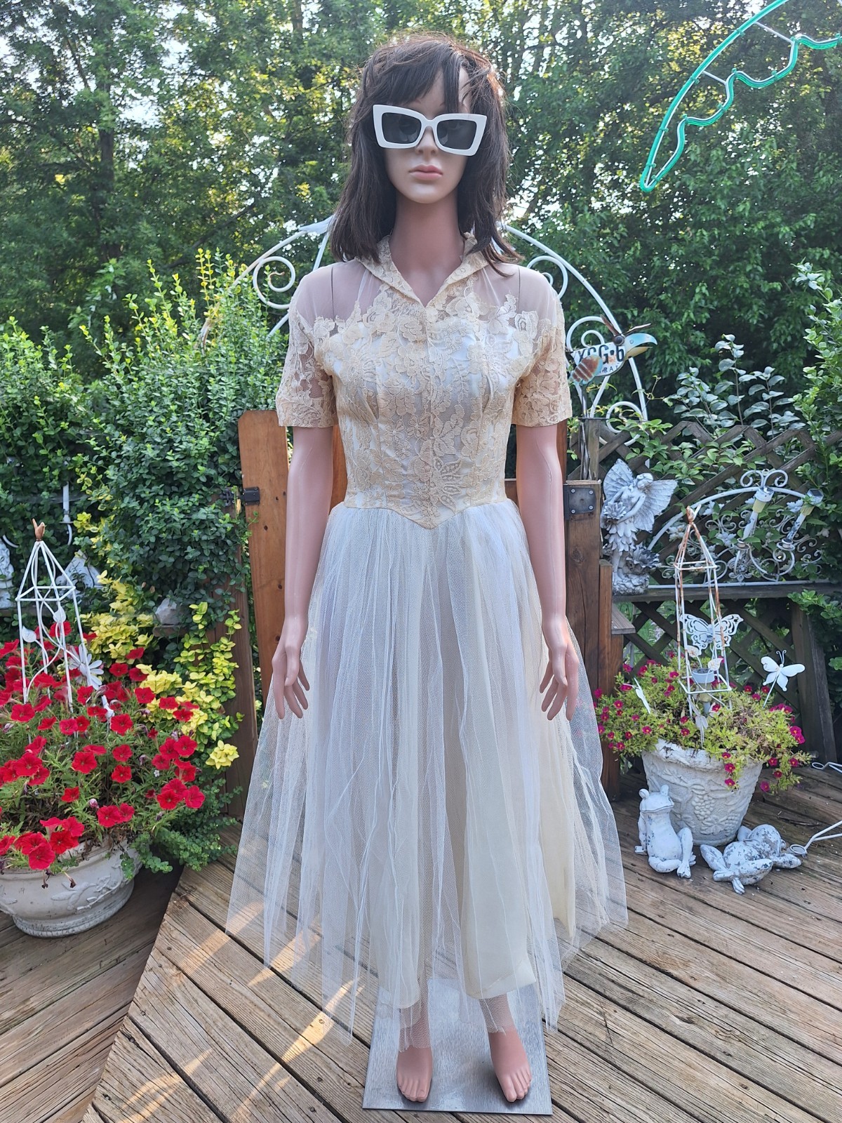 True VTG Mid-century 1950s Ivory Lace Tulle Wedding Dress Party S Full Skirt