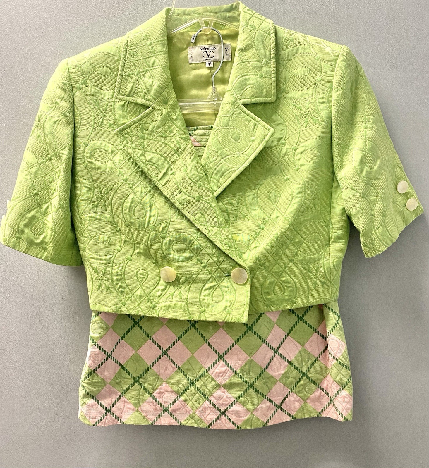 Vintage Valentino Miss V Green and Pink S/S Skirt Suit Cotton & Silk 42/8