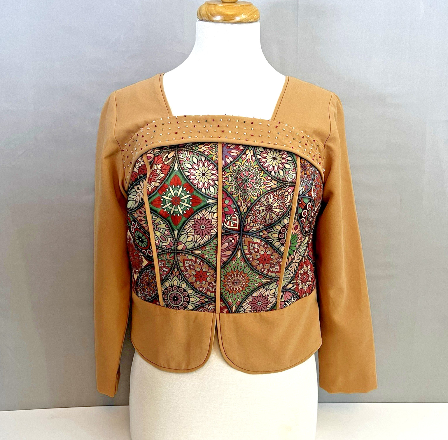 Vintage Colorful 80’s Silk Colorful Geometric Womens Size L Button Blouse Crop