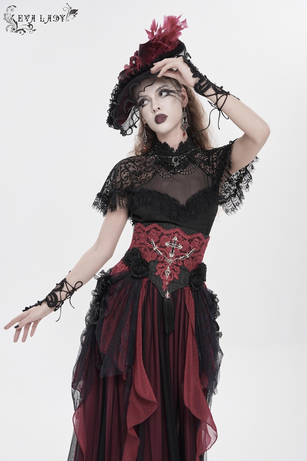 Eva Lady Women Black Red Retro Gothic Elegant Cross Bat Corset With Tulle Skirt