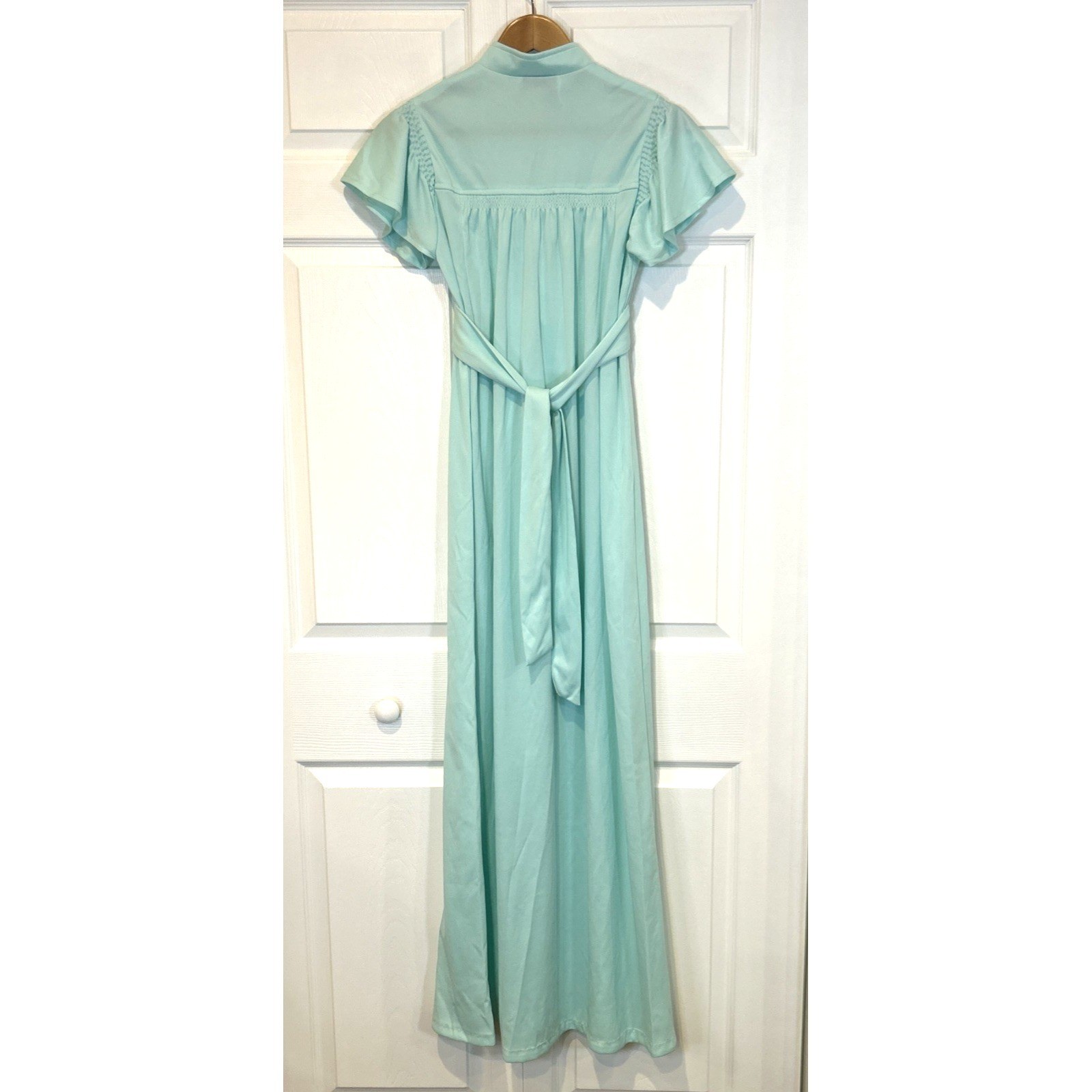 Vtg Trolley Car Maxi Dress Womens Size 7 Mint Green 70s Flutter Sleeve Smocked