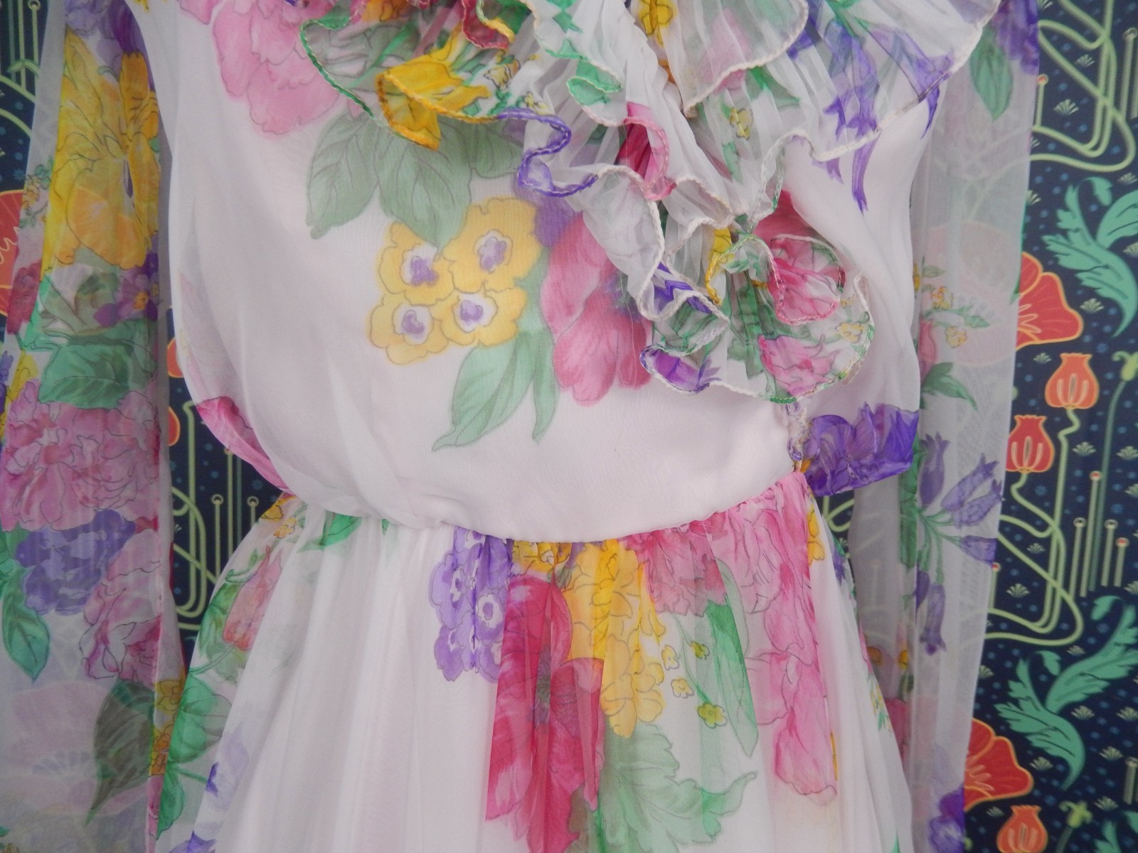 Vintage 70’s Carrie Couture Light Pink Chiffon Maxi Floral Ruffle Flowy Dress