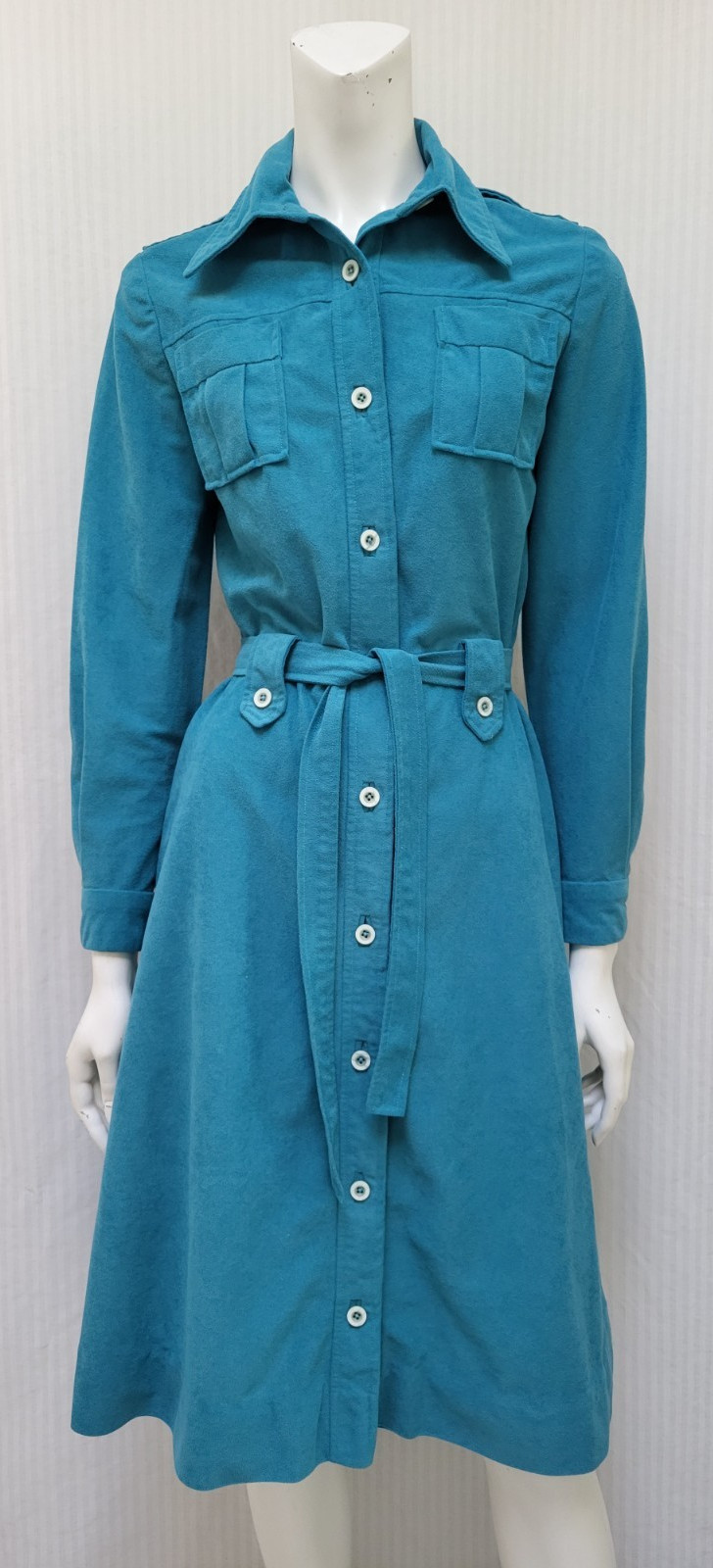 Vintage Teal Ultrasuede Button Front Shirt Dress w/ Tie Belt – Size S – EUC