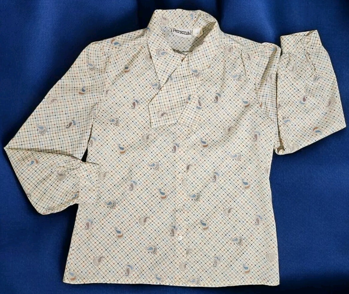 Vintage 70s Paisley Blouse Womens 12 Button-Up Shirt Off-White Multicolor Top