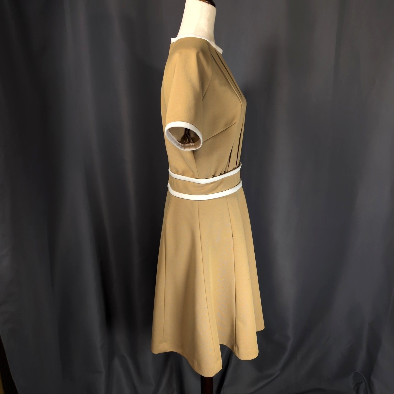 Vintage 1960s Lester Paul Beige Khaki White Contrast Pleated A-Line Dress