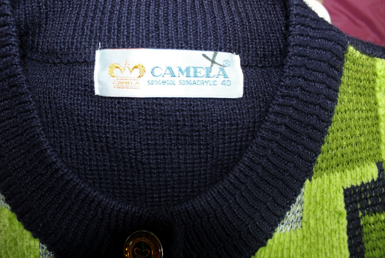 M Vintage 60s d. 1920s Camela Cardigan Art Deco Navy Green Wool Blend Sweater