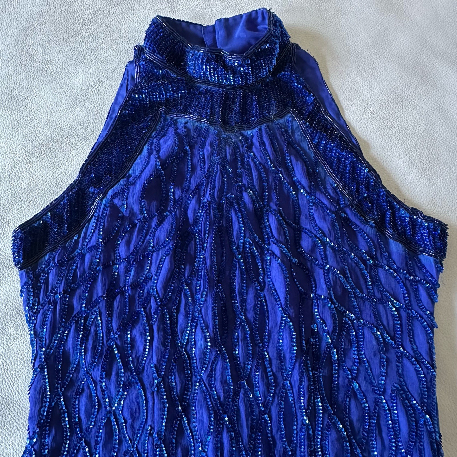 Vintage LAURENCE KAZAR Royal Blue BEADED Sequin Silk HALTER GOWN Long Formal M