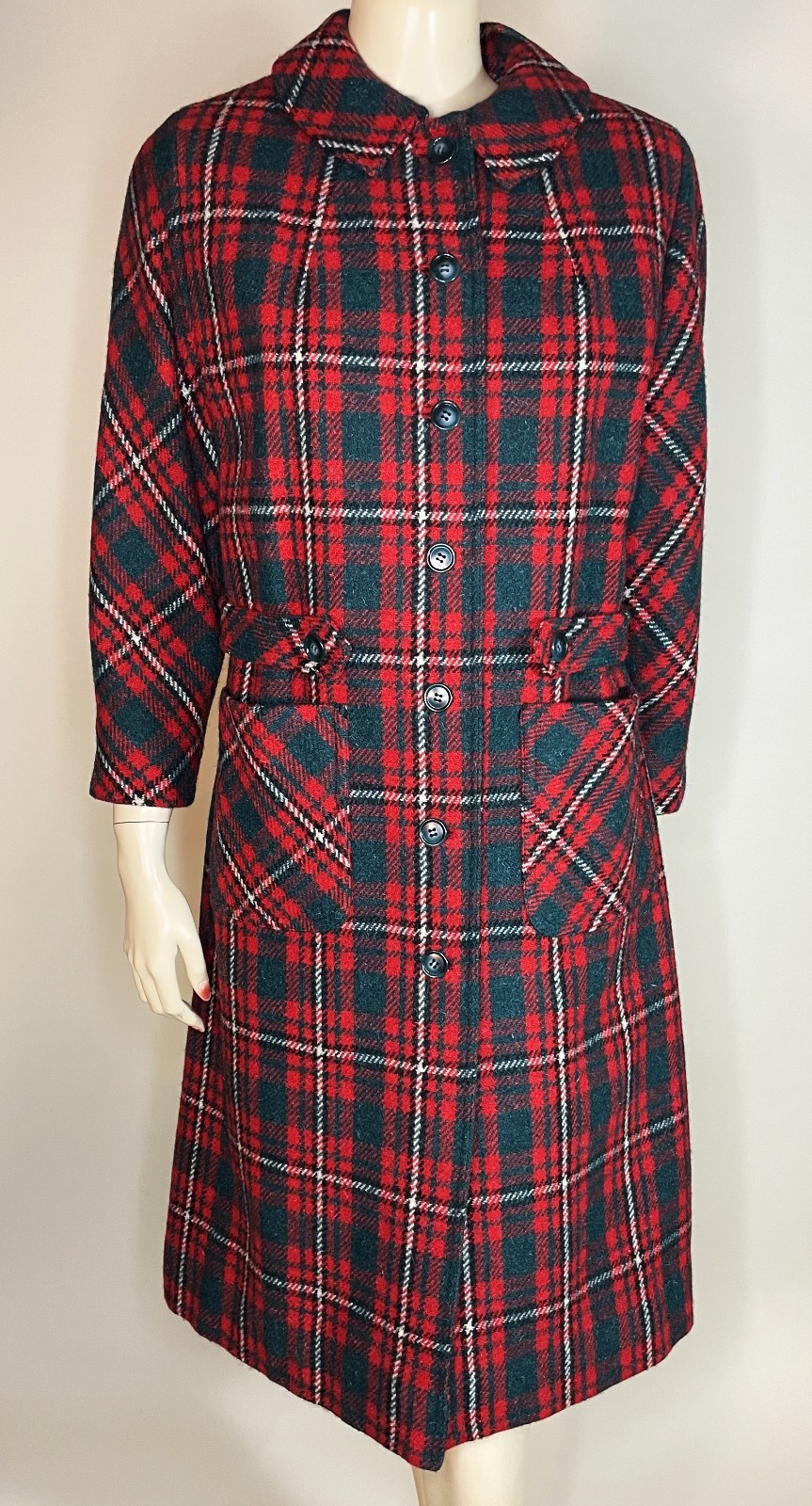 1950s Vintage Red Green Plaid Wool Scotland Harris Tweed Ladies Coat NOS S/M